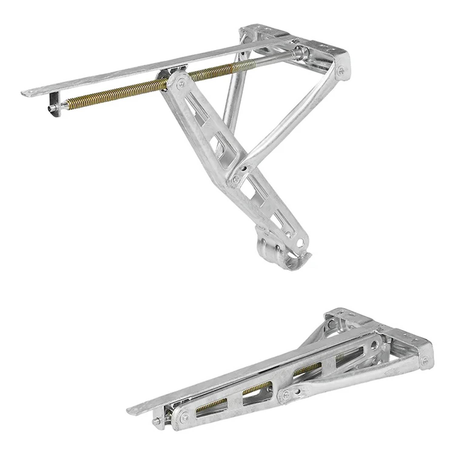 Zwei silberne Metallhalterungen mit Federmechanismen, wahrscheinlich zum Stützen von Klapp-Möbeln oder Arbeitsflächen verwendet, vor einem weißen Hintergrund abgebildet.