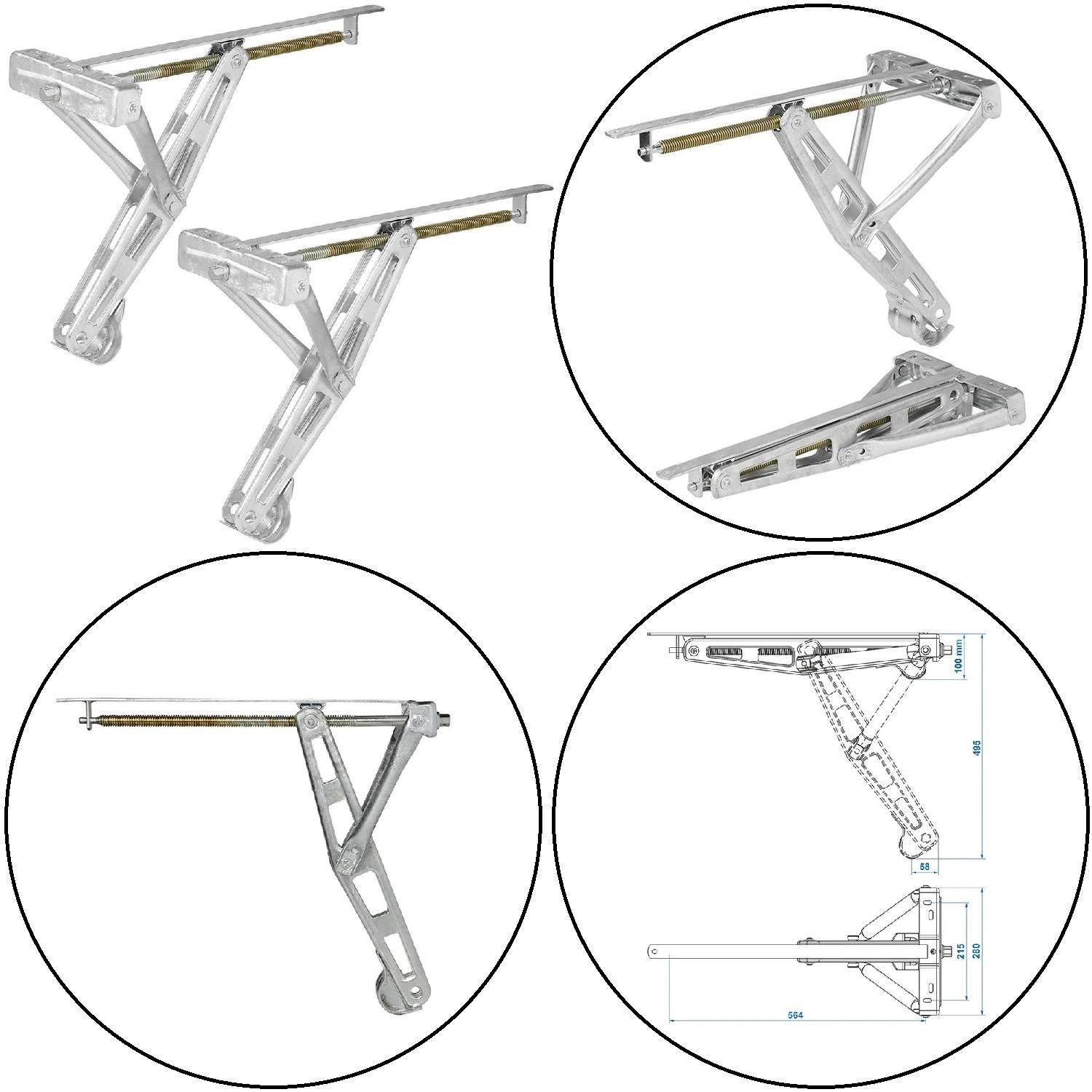 Diagramm eines Faltmechanismus mit Maßangaben; enthält Seiten- und Draufsicht mit verschiedenen Komponenten und Abmessungen.