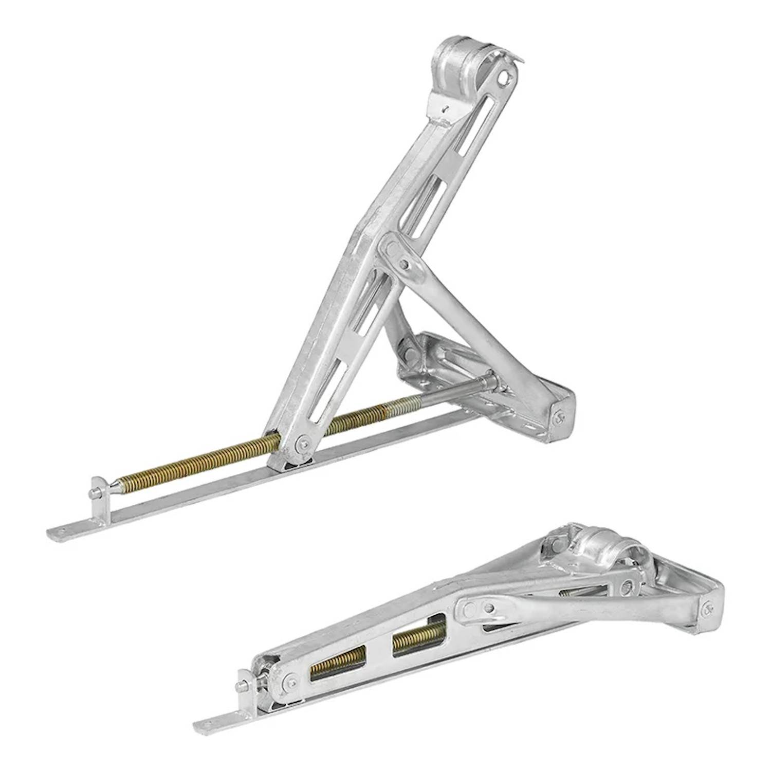 Zwei silberne Torsionsscharniere mit Schraubenfedern, eines aufrecht und das andere gefaltet, die für Unterstützungs- und Hebemechanismen verwendet werden.