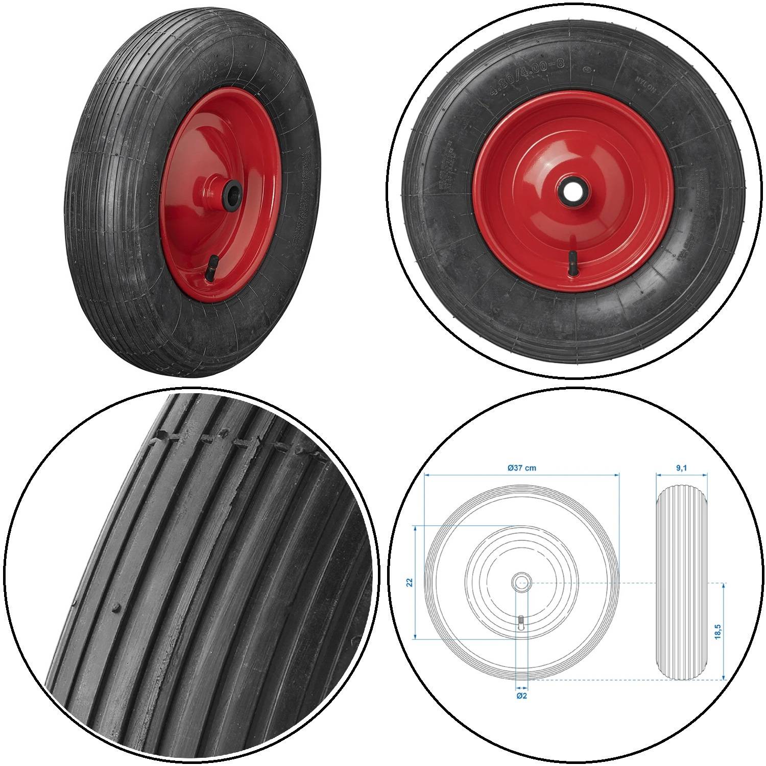 Darstellung eines Rades mit rotem Radnabe, schwarzem Reifen und sichtbarem Ventil. Enthält eine Detailansicht des Profilmusters und technische Abmessungen in Zentimetern.