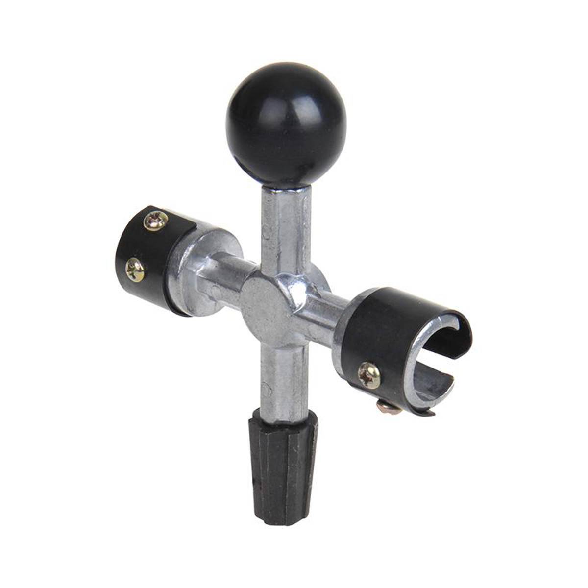 Ein silbernes Metallwerkzeug mit einem T-förmigen Griff und schwarzer Kugelspitze, das dazu dient, Fenstergriffe oder ähnliche Beschläge zur Sicherung zu verriegeln.