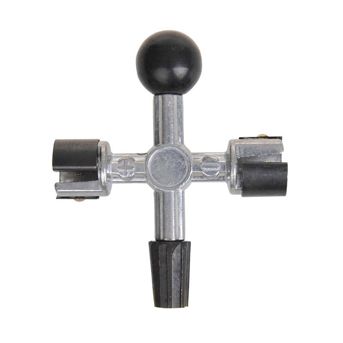 Ein Metall-Vier-Wege-Universalschlüssel mit rundem Griff, der zum Öffnen von Service-Schränken oder -Panels verwendet wird.