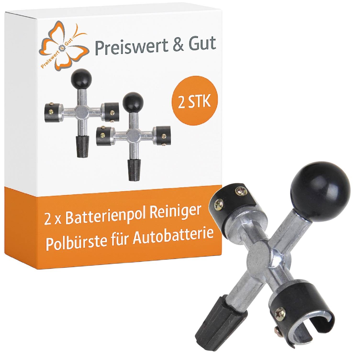 Verpackung und ein Batteriepolreiniger mit runden schwarzen Griffen, der für effiziente Reinigung konzipiert ist. Gekennzeichnet als '2 x Batterienpol Reiniger'.