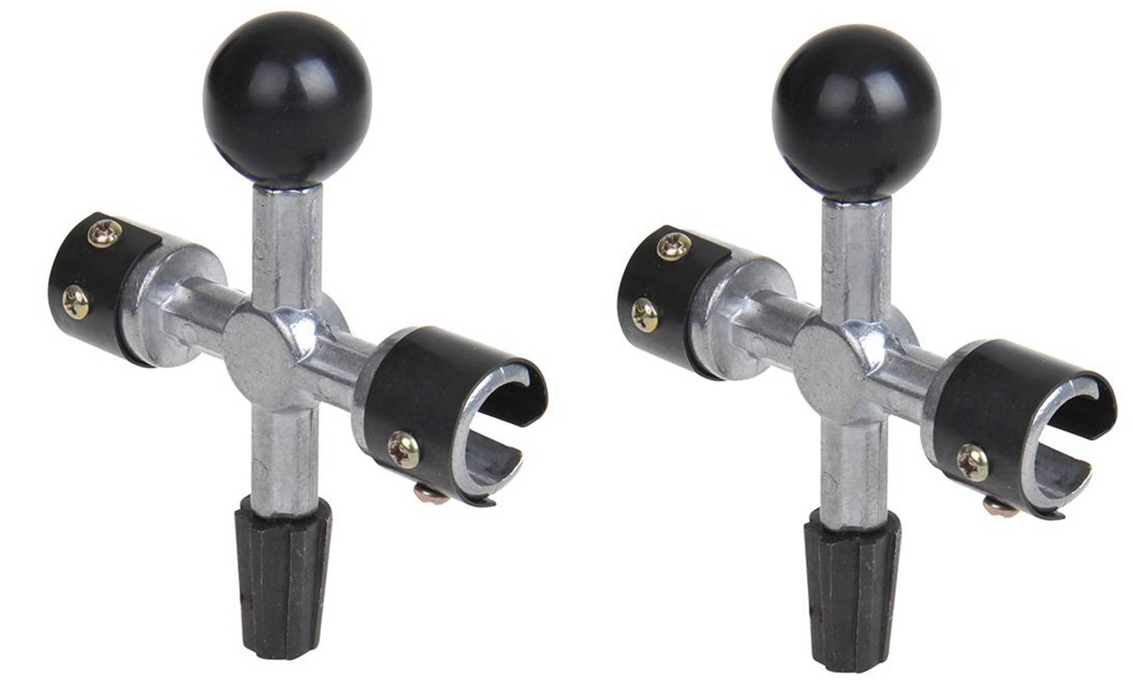 Zwei metallische Stangenstrukturen mit schwarzen Kugelköpfen und verstellbaren Klemmvorrichtungen, die zum Halten oder Stützen von Objekten in einer stabilen Position verwendet werden.