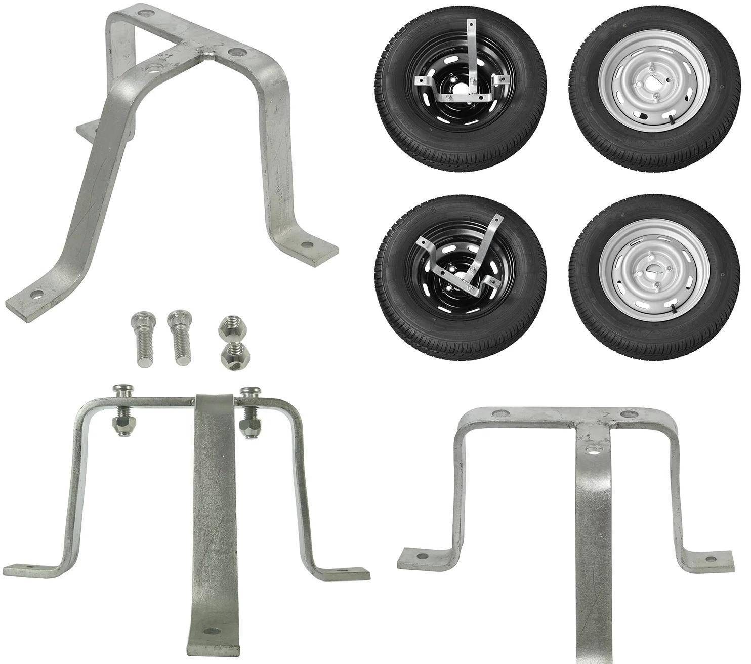 Halterungsset mit vier Reservereifen: Detailaufnahme zeigt Metallhalterungen, Schrauben und Unterlegscheiben, die Montageteile andeuten.