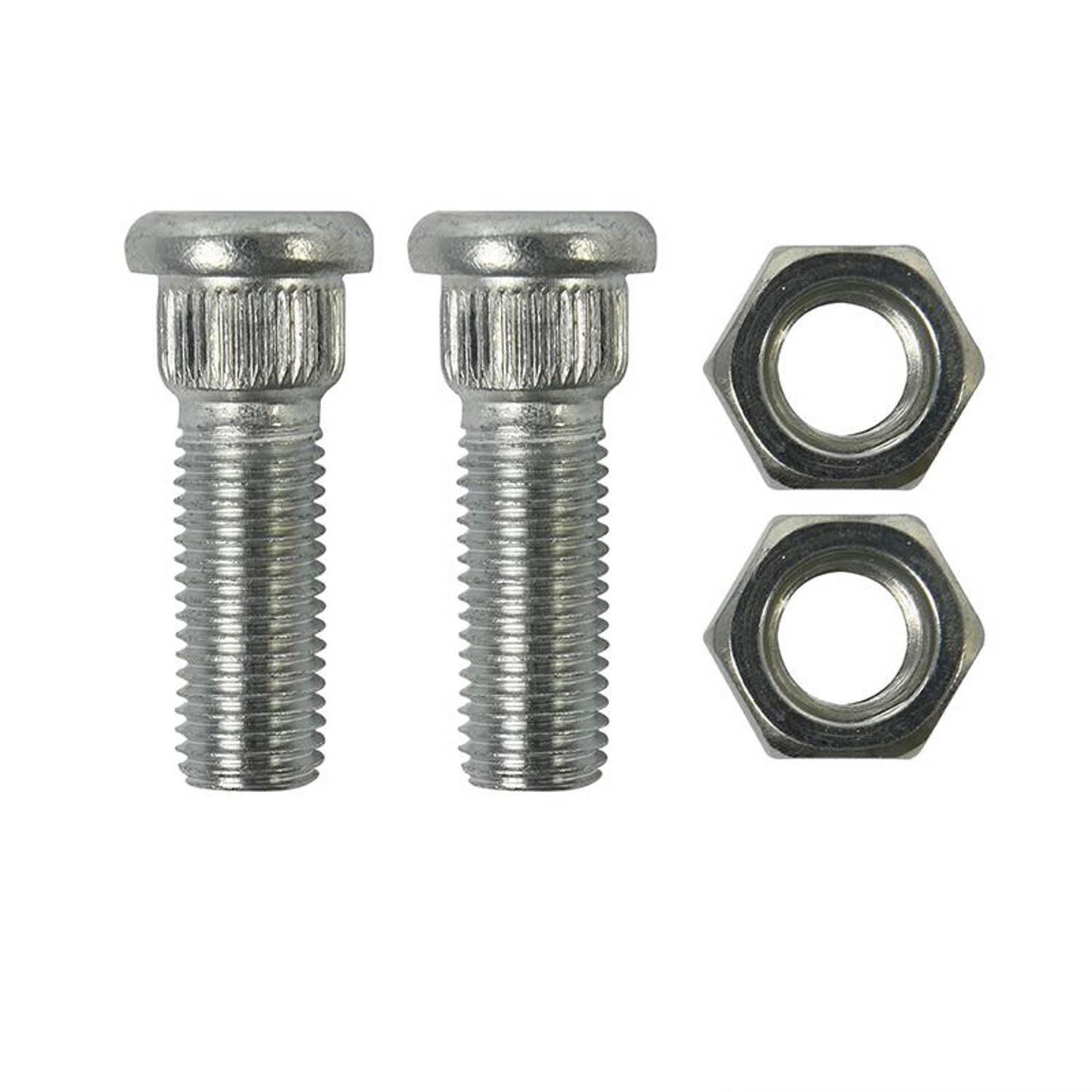 „Zwei silberne Schraubenbolzen und zwei Sechskantmuttern auf weißem Hintergrund, die ihr Design und Größenvergleich zeigen.