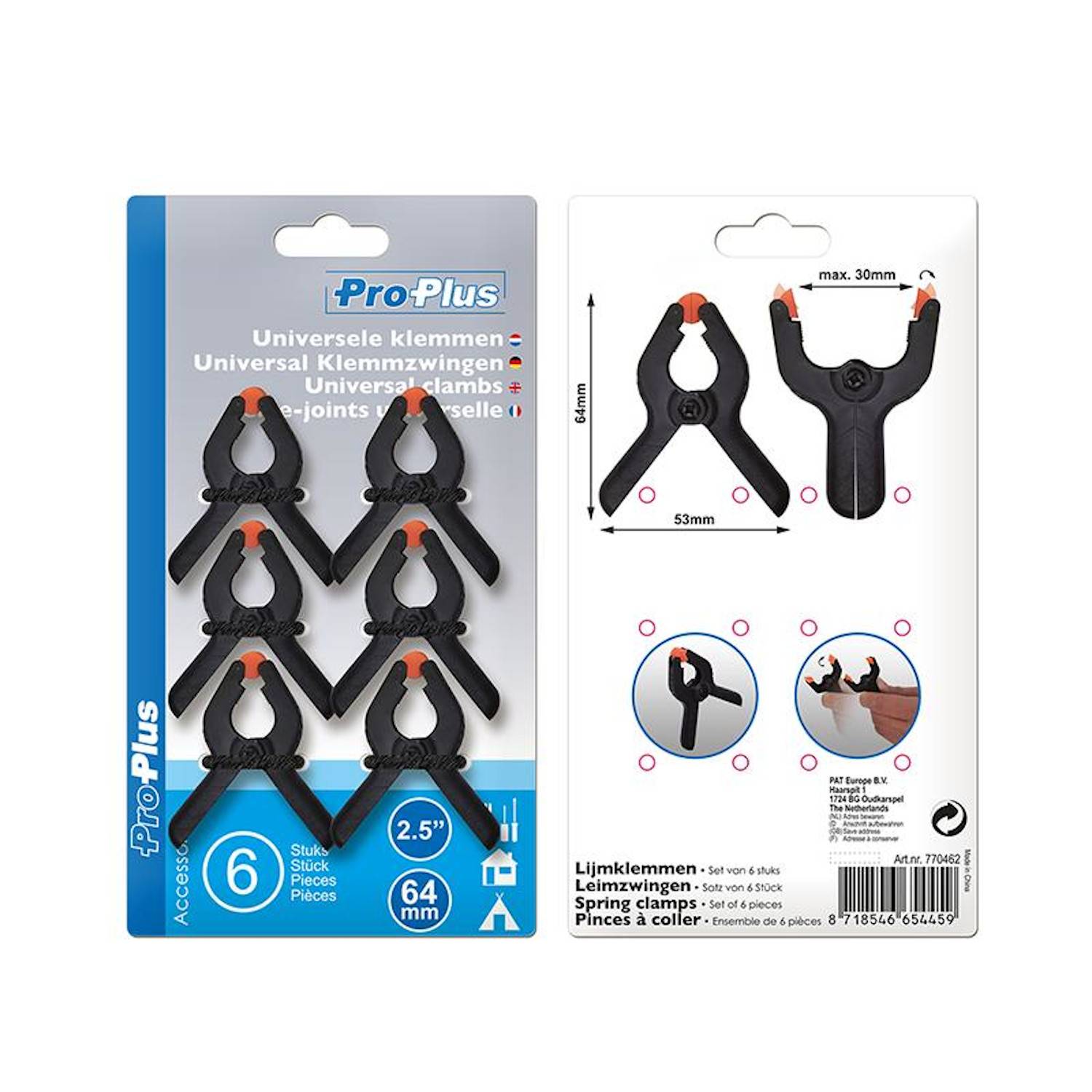 Das Bild zeigt eine Verpackung von 'ProPlus' Universal-Klammern mit sechs schwarzen Plastikklammern. Ihre Größe beträgt 2,5 Zoll (64 mm).