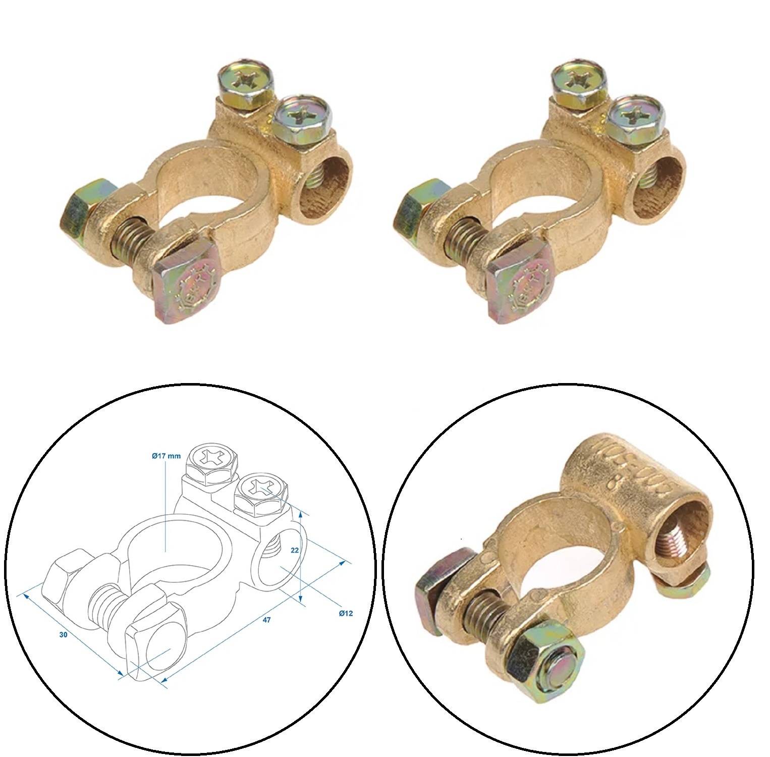 Zwei Messing-Terminalverbinder mit Schrauben; beinhaltet eine technische Zeichnung mit Abmessungen: 17 mm Breite, 20 mm Höhe, 12 mm Tiefe.