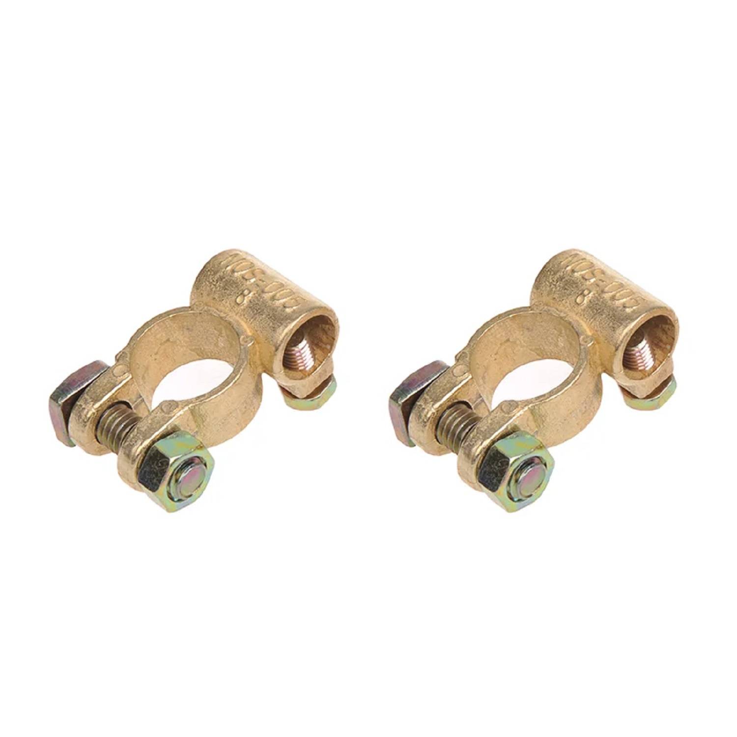 Zwei Messingklemmen für Batterieklemmen mit Schrauben, nebeneinander positioniert, verwendet zum Befestigen von Batteriekabeln in der Automobilanwendung.