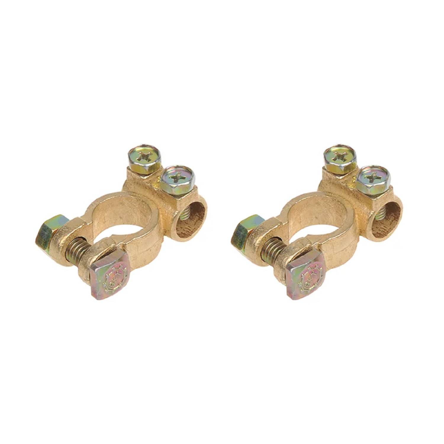 Zwei Metallakku-Kabelverbinder mit Schrauben zum Befestigen von Kabeln.