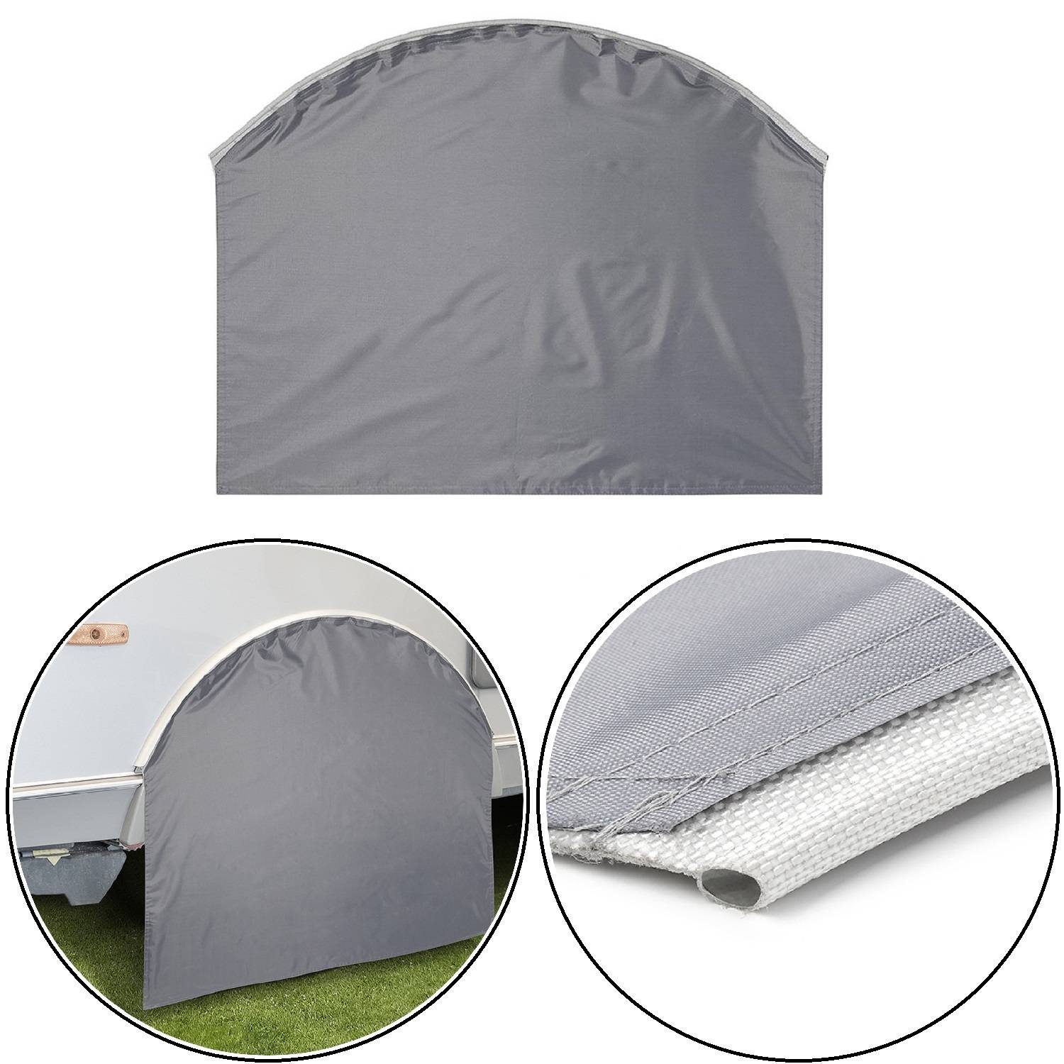 Grauer Wohnmobil-Radbezug mit Nahaufnahme der Details, der einen robusten Stoff und ein Design zeigt, das Schmutz und Sonnenlichteinwirkung verhindert.