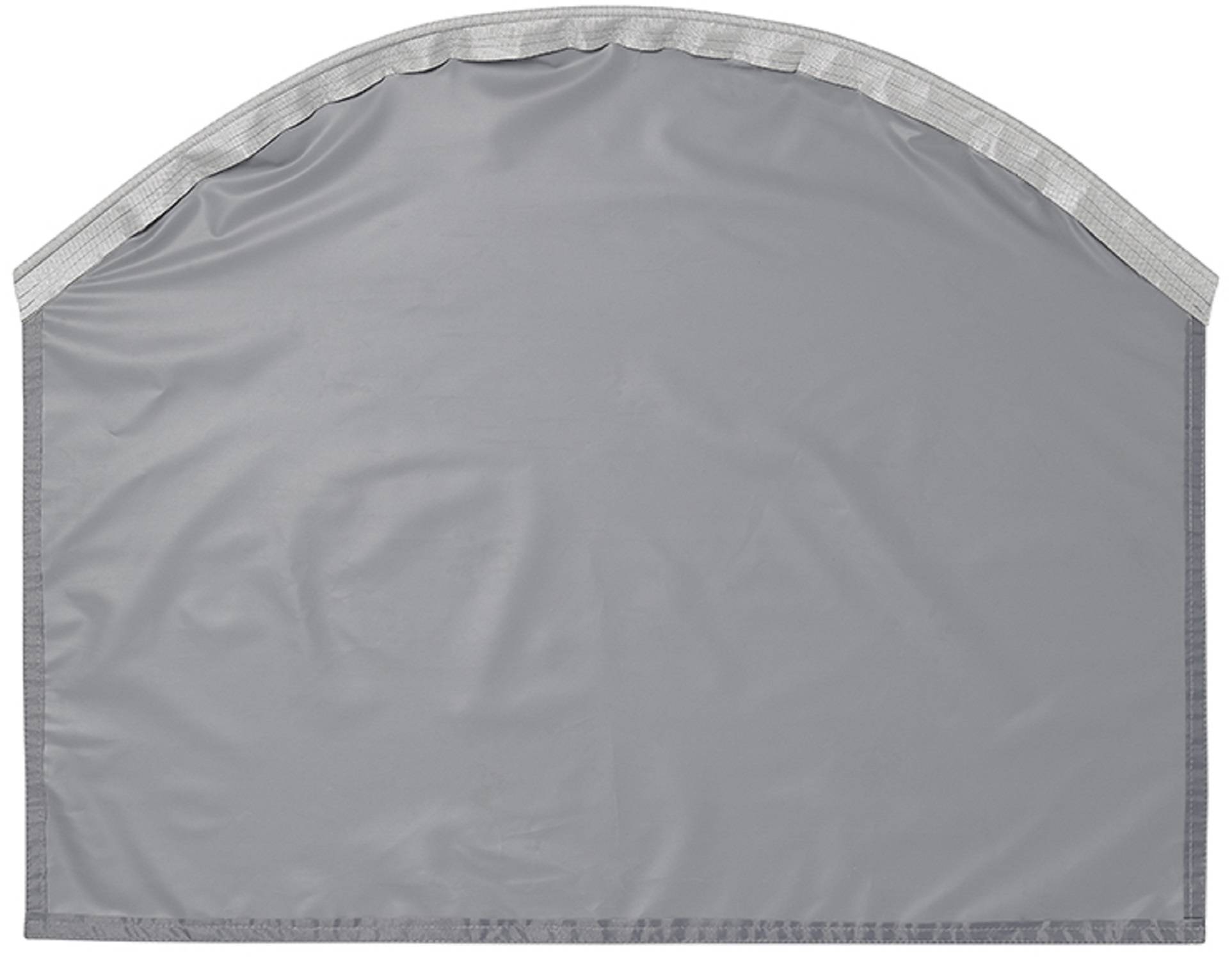 Eine halbkreisförmige, hellgraue Abdeckung mit einer glatten Oberfläche und einem leicht erhöhten Rand, die flach gegen einen weißen Hintergrund liegt.