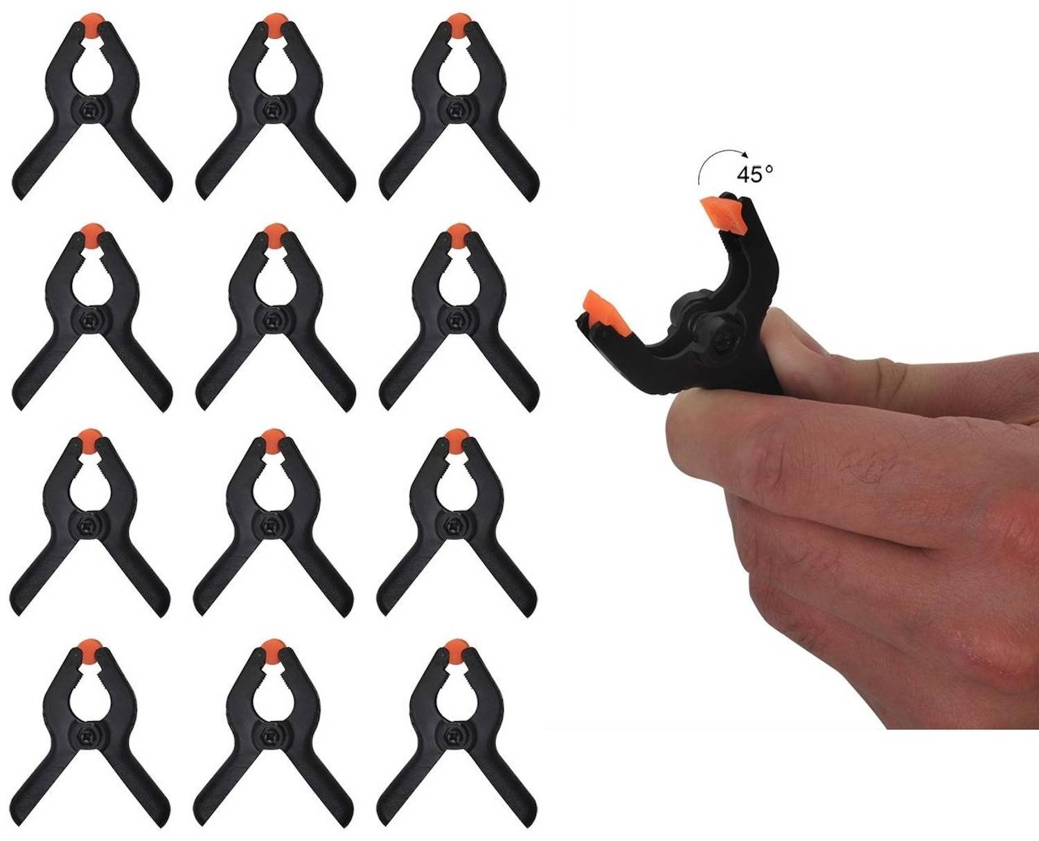 Eine Hand, die eine Klemme in einem 45-Grad-Winkel hält, mit einem Raster aus ähnlichen schwarzen Klemmen mit orangefarbenen Spitzen, die links davon angeordnet sind.