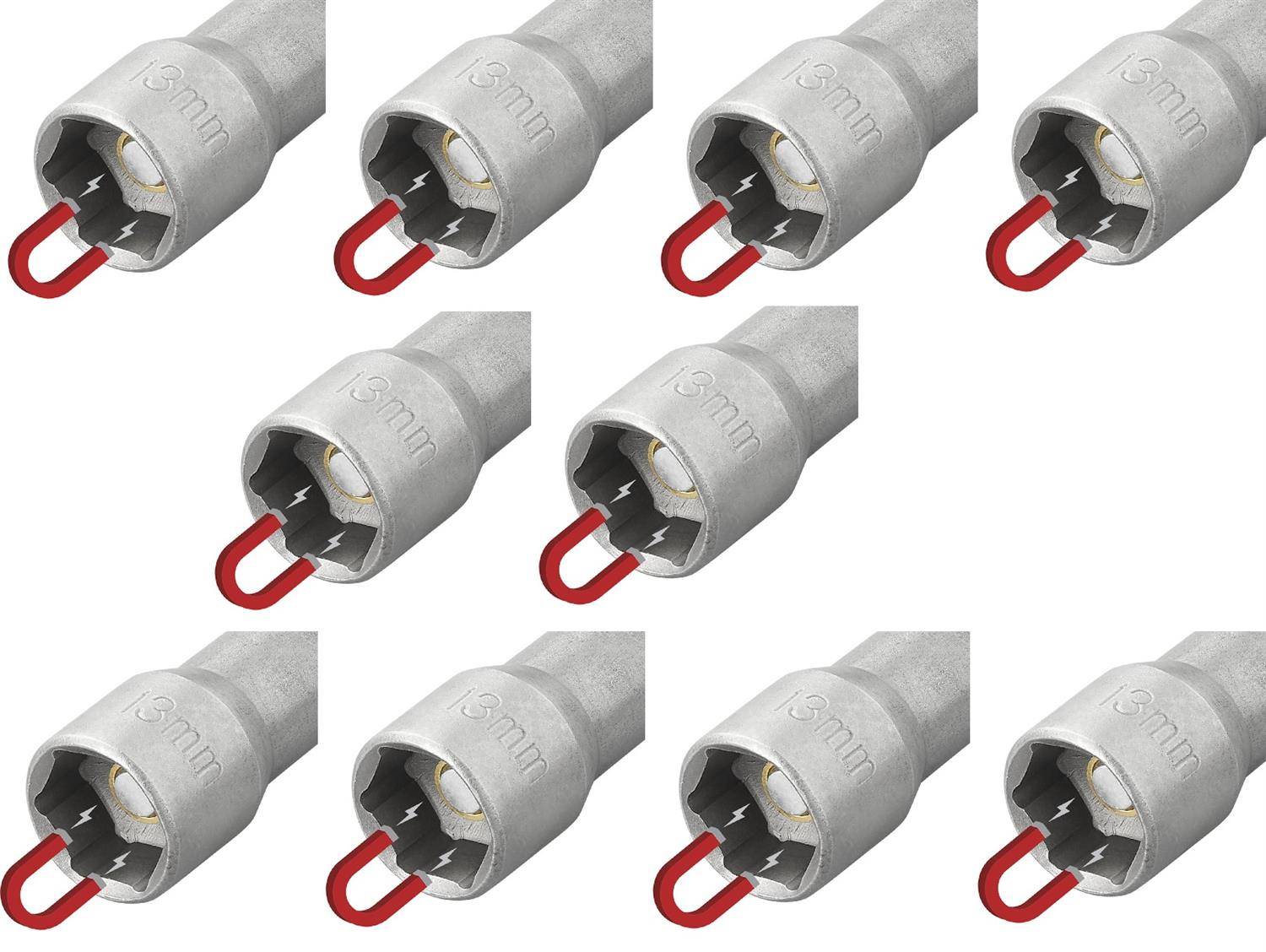 13-mm-Sechskant-Steckschlüssel, die in einem Gitternetzmuster angeordnet sind, wobei jeder Steckschlüssel eine rote Hakenbefestigung und ein Blitzsymbol im Inneren zeigt.