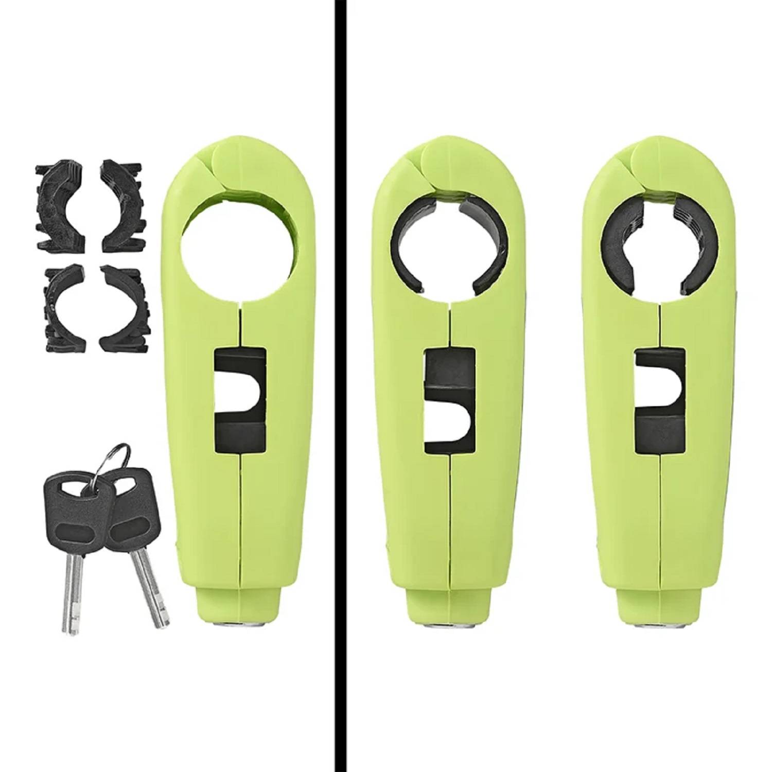 Grünes Fahrradschloss mit zwei Schlüsseln und zusätzlichen Schlosskomponenten, dargestellt aus zwei verschiedenen Blickwinkeln.