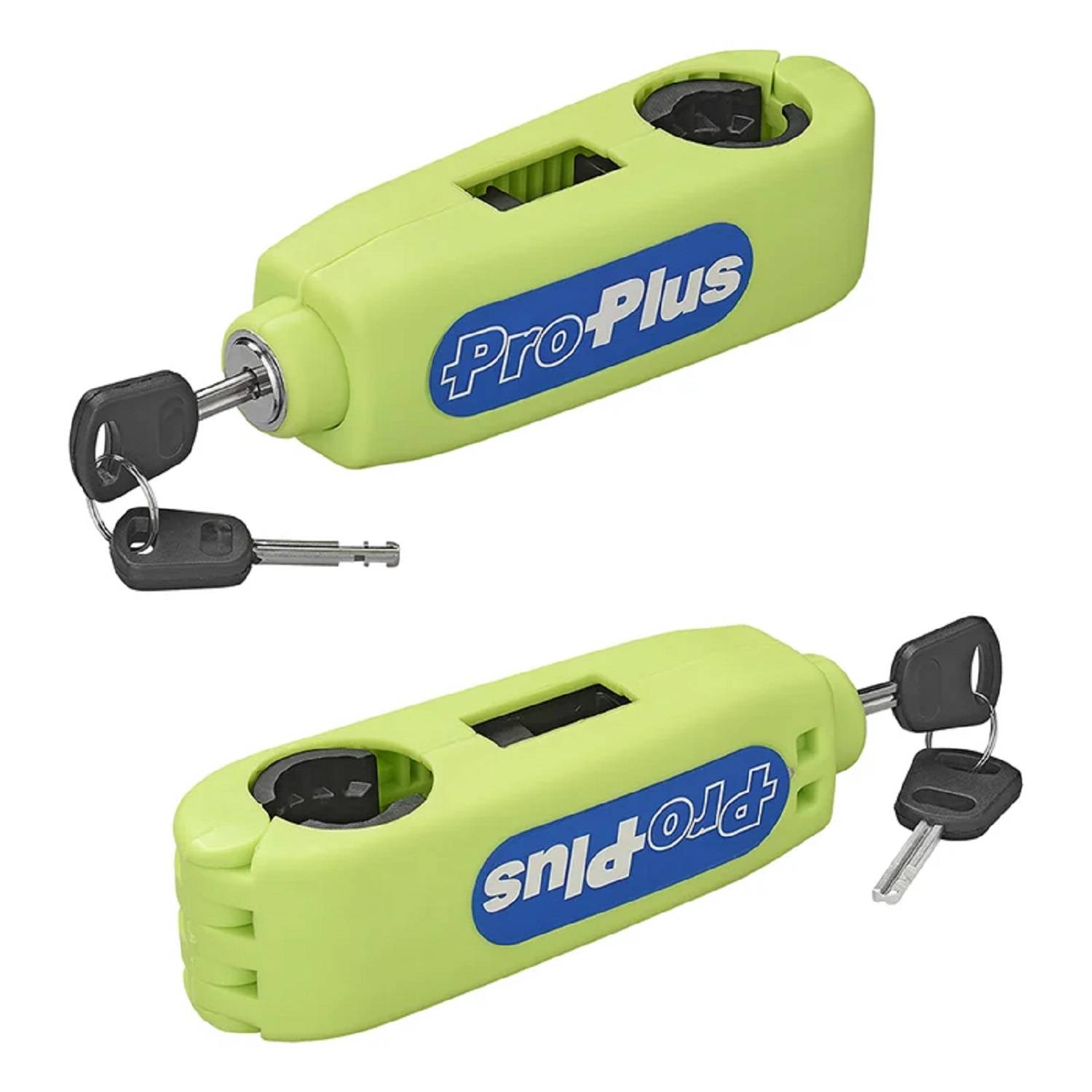 Grünes Hochsicherheitsschloss mit blauer 'ProPlus'-Markierung, ausgestattet mit einem Schlüsselloch, zwei mitgelieferten Schlüsseln und einem kompakten Design.