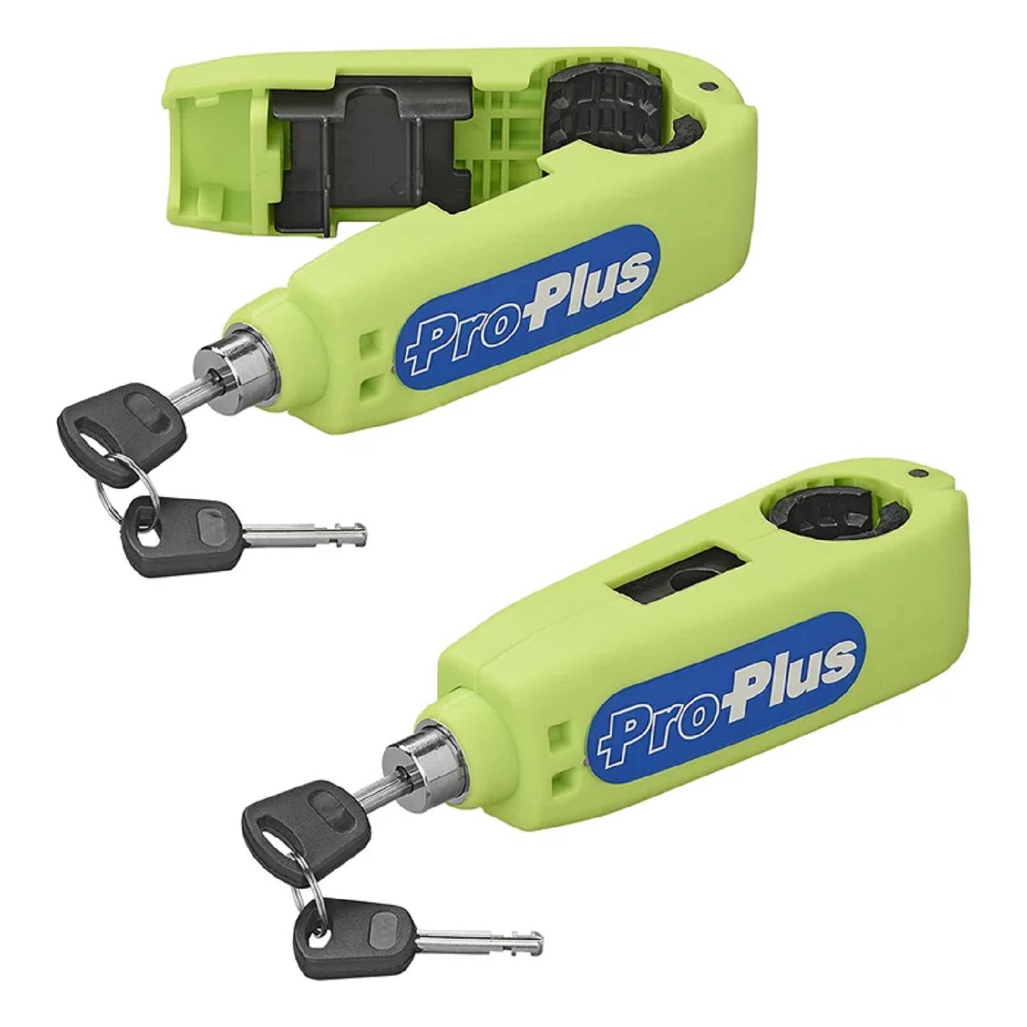 Zwei identische limegrüne Sicherheitsschlösser der Marke 'ProPlus' mit eingesteckten Schlüsseln, aus verschiedenen Blickwinkeln dargestellt, die zur Sicherung verwendet werden.