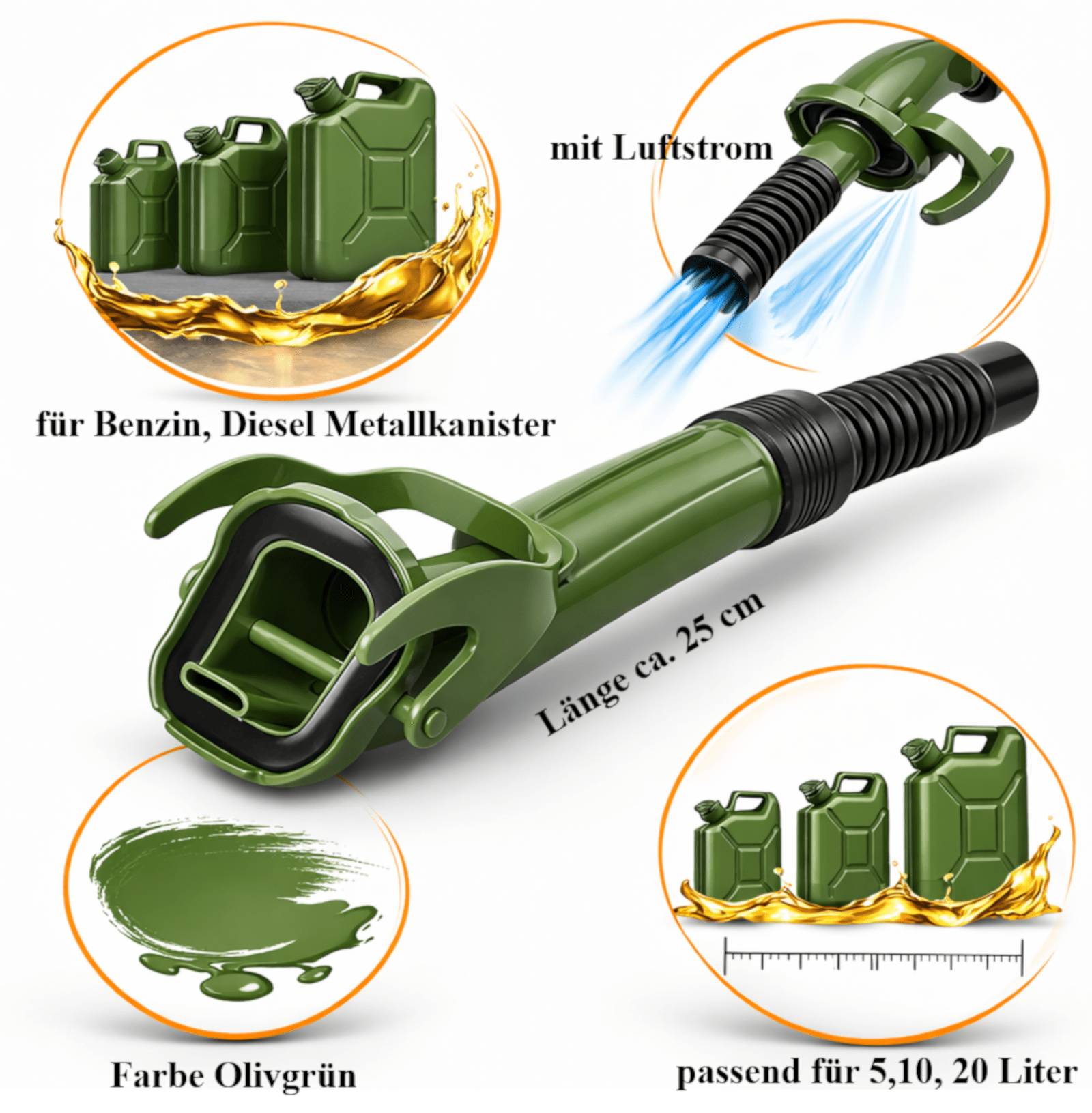 Ausgießer Kanister für 20l 10, 5, L Einfüllstutzen Benzinkanister Diesel L25 cm
