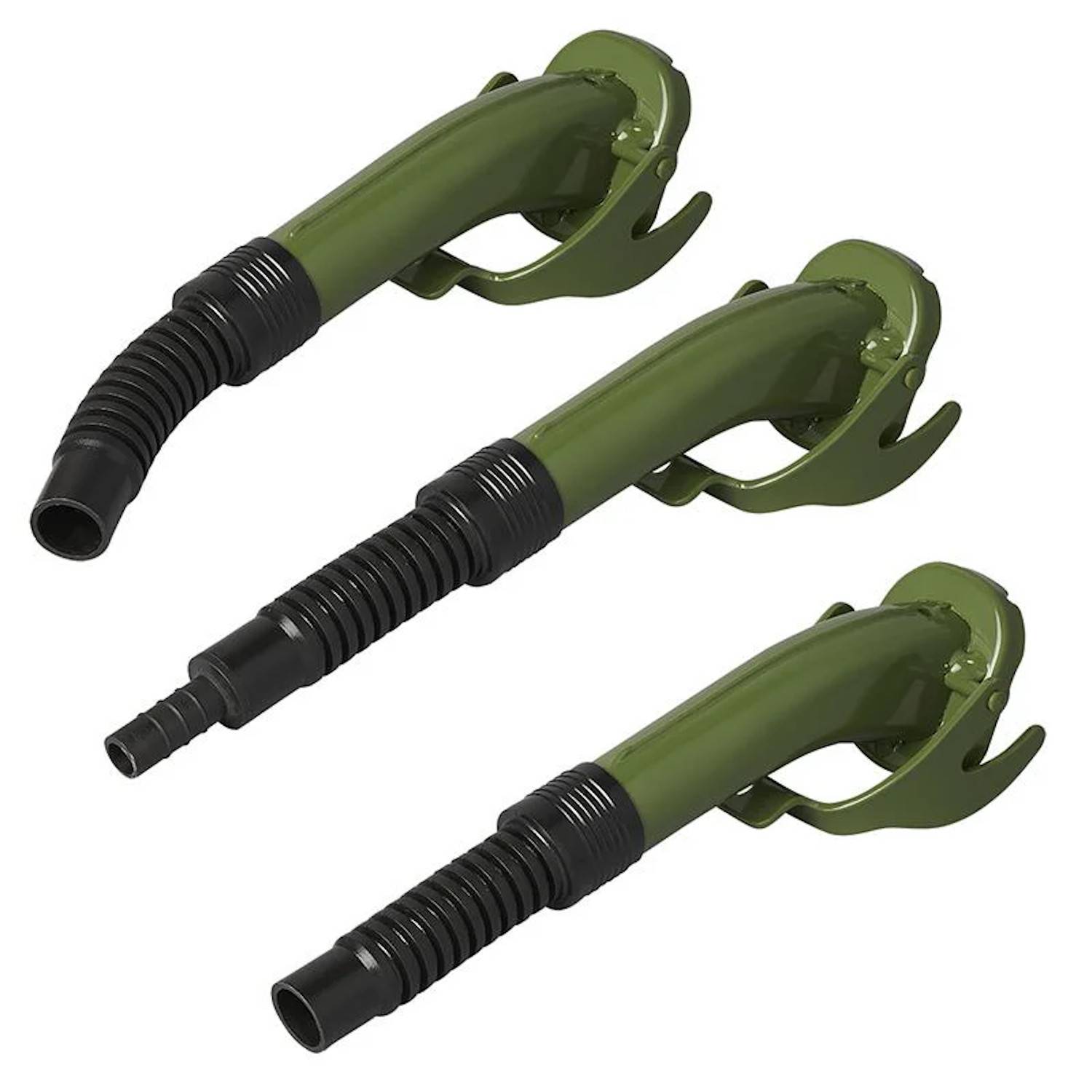 Drei grüne Kraftstoffpumpendüsen mit schwarzen Schläuchen sind nebeneinander angeordnet.