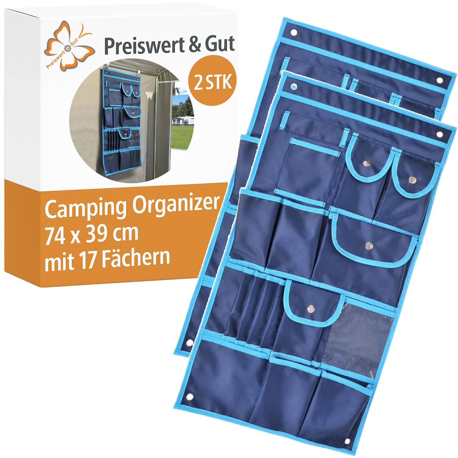 Zwei blaue Campingorganizer mit mehreren Taschen, Maße 74x39 cm. Verpackung trägt die Aufschrift 'Preiswert & Gut, 2 Stk, mit 17 Fächern'.