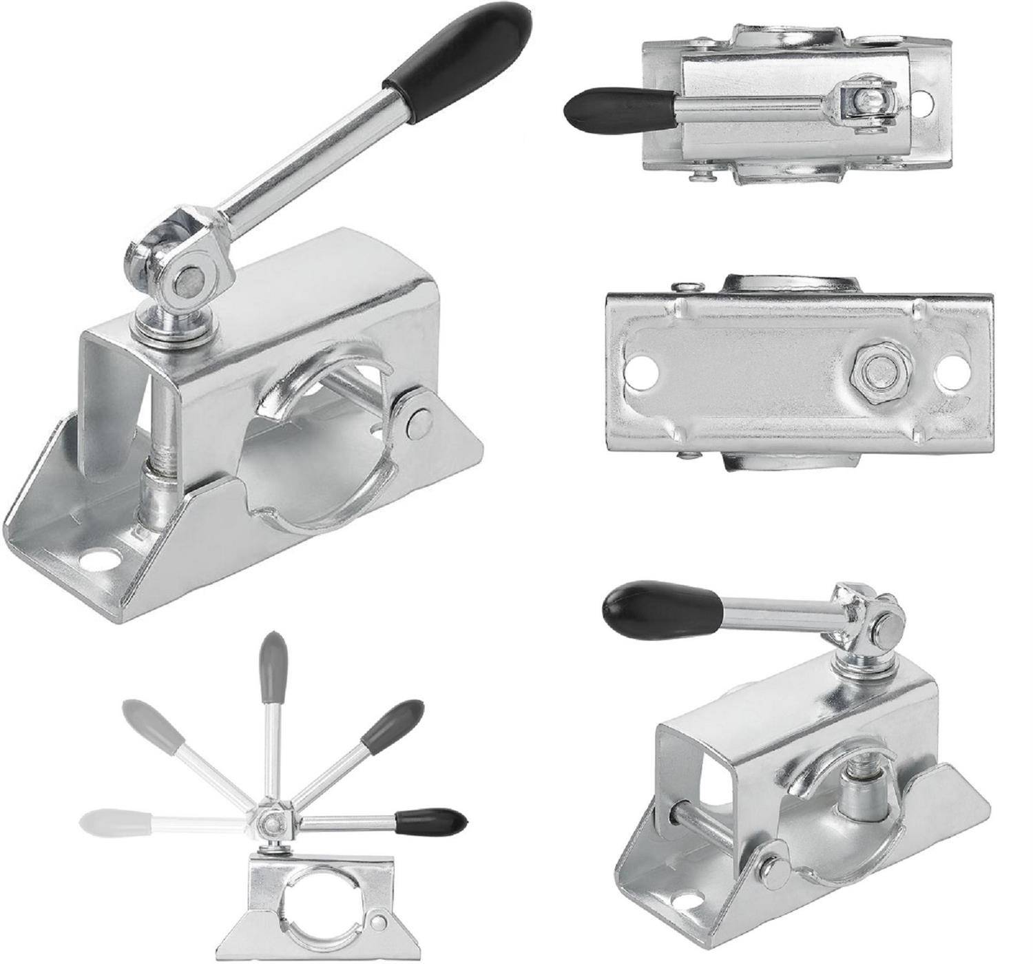 Schnellspanner mit verstellbarem Griff in verschiedenen Positionen. Abbildungen zeigen Drauf-, Seiten- und Perspektivansicht und heben den metallischen Aufbau und die Griffbewegung hervor.