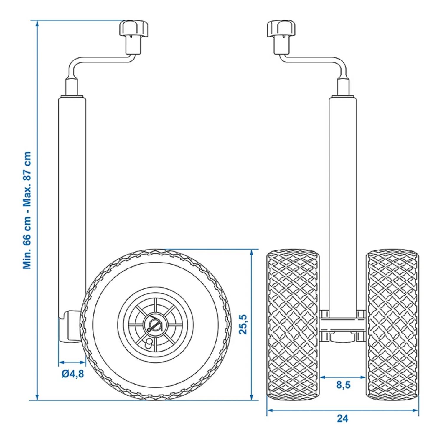 Technische Zeichnung eines zweirädrigen Geräts, höhenverstellbar von 66 cm bis 87 cm. Breite: 24 cm, Raddurchmesser: 4,8 cm.