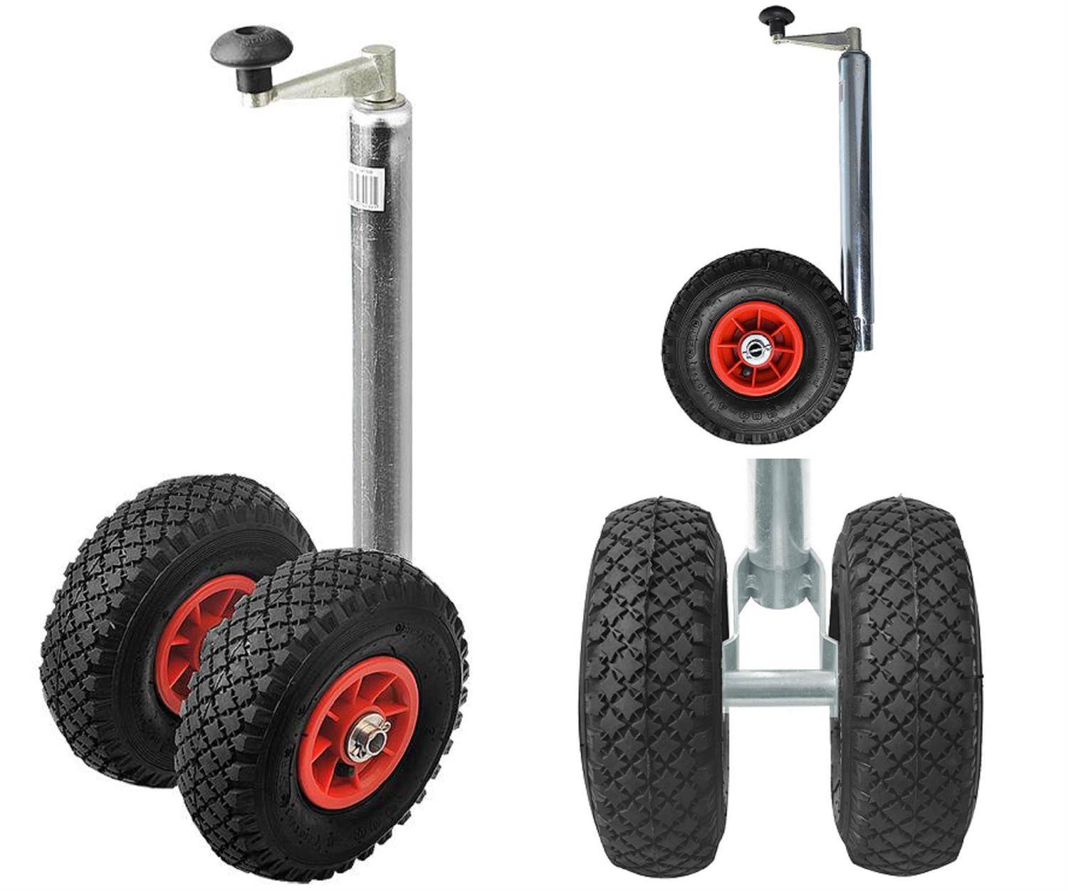 Anhängerkupplung mit zwei roten und schwarzen Rädern, von verschiedenen Winkeln gezeigt, zum Ziehen oder Abstützen von Anhängern.