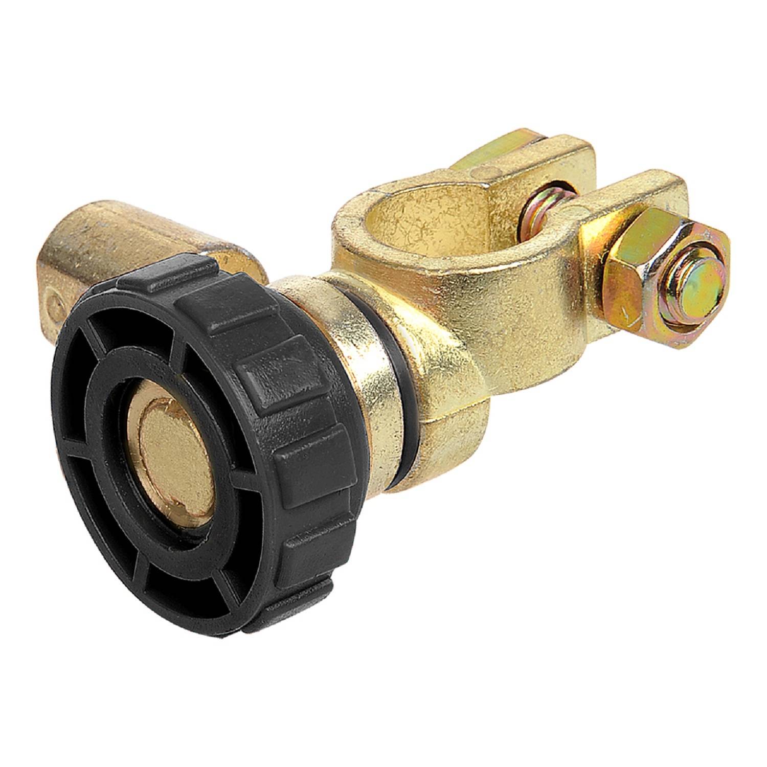 Ein Metall-Batterieklemmenanschluss mit einem schwarzen Befestigungsknopf und zwei Schrauben, der für sichere elektrische Verbindungen in Fahrzeugen verwendet wird.