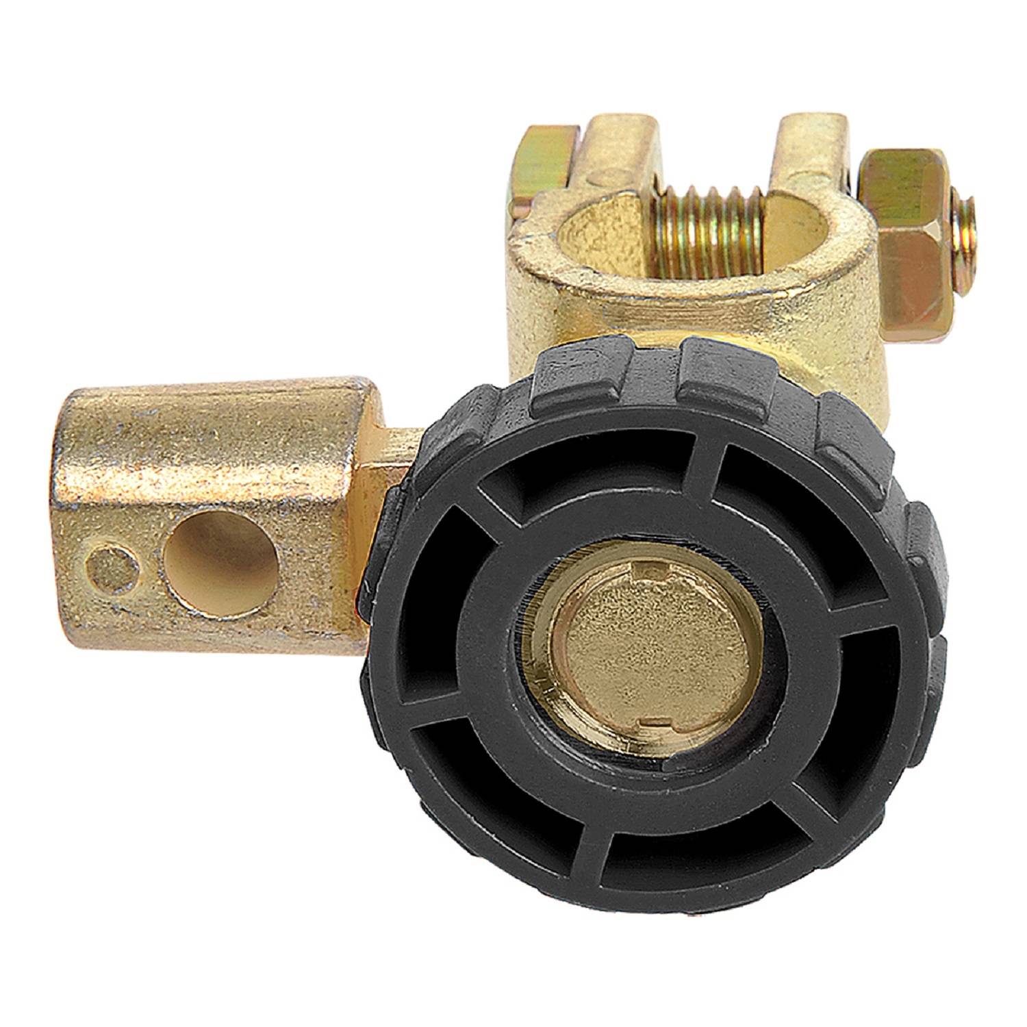 Batterieterminal-Verbinder mit goldfarben Beschichtung und schwarzer Befestigungsschraube für sichere Anschlüsse. Geeignet für Autobatterien.