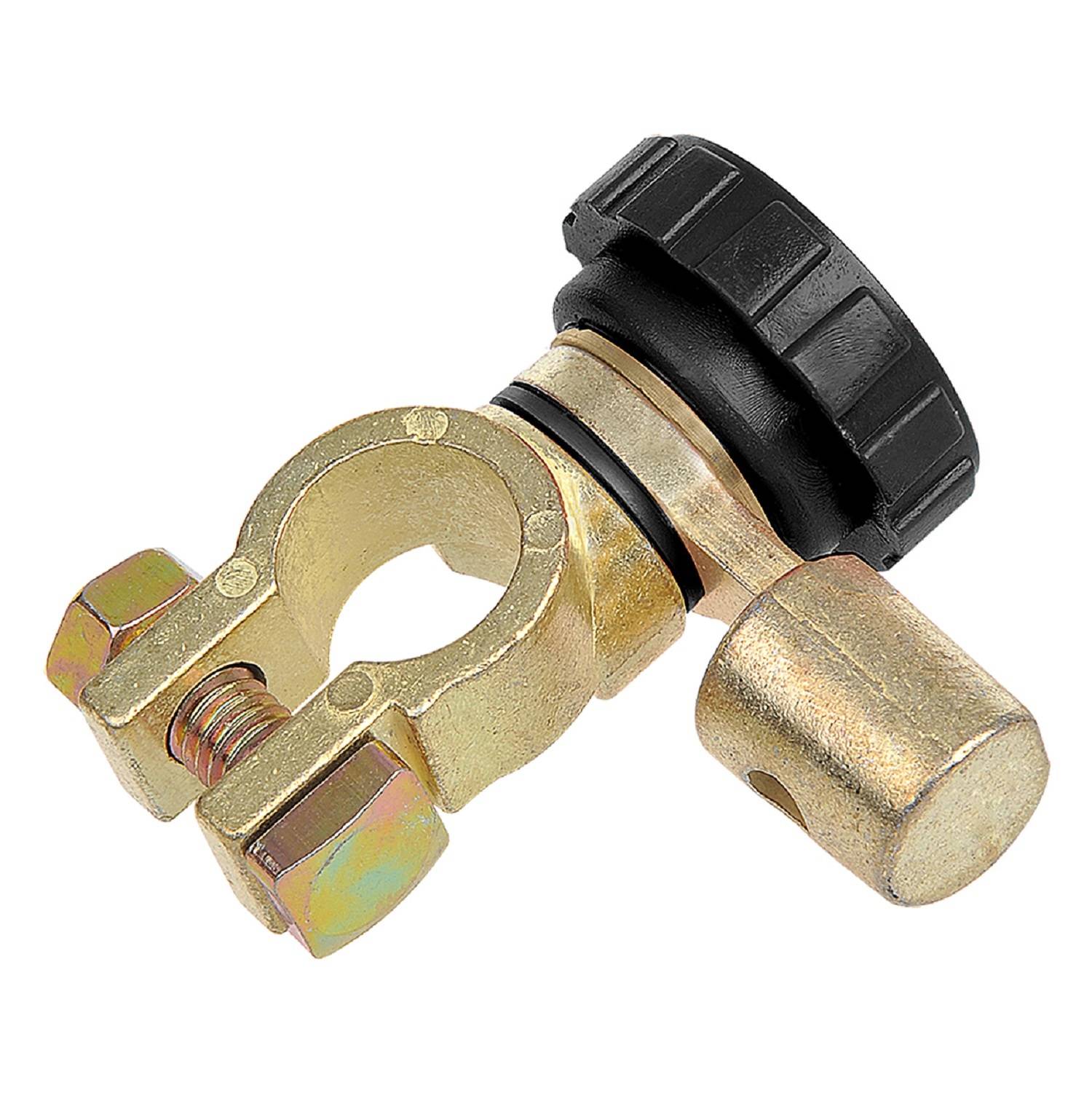 Ein Batterieanschluss aus Messing mit einem schwarzen Knopf, der zum einfachen Verbinden und Trennen von Batterien verwendet wird.