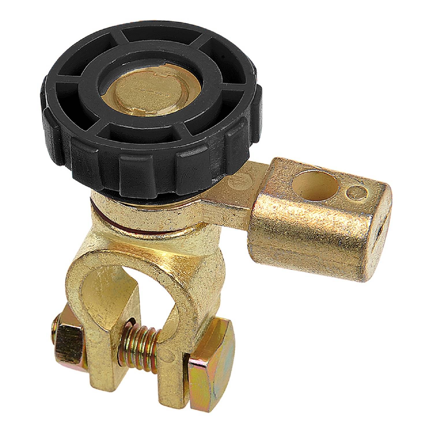 Ein Klemmenadapter für Autobatterien aus Messing mit einem schwarzen Plastikknopf zum einfachen Anziehen oder Lösen, entwickelt für eine sichere Verbindung von Batteriekabeln.