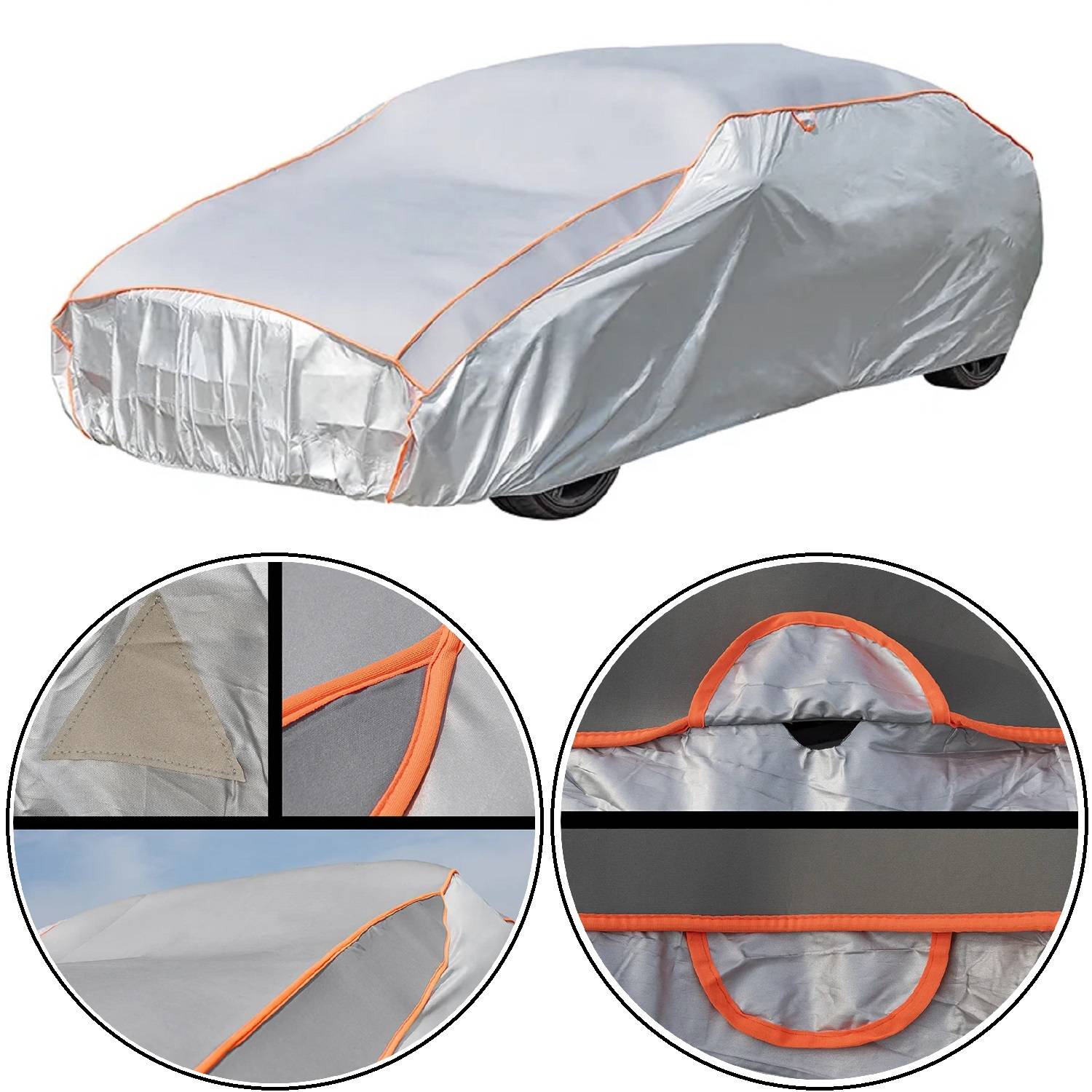 Autoabdeckung mit orangefarbener Einfassung auf einem Fahrzeug, die Vorder-, Seiten- und Detailaufnahmen des Materials und der Nähte in Einblendungen zeigt.