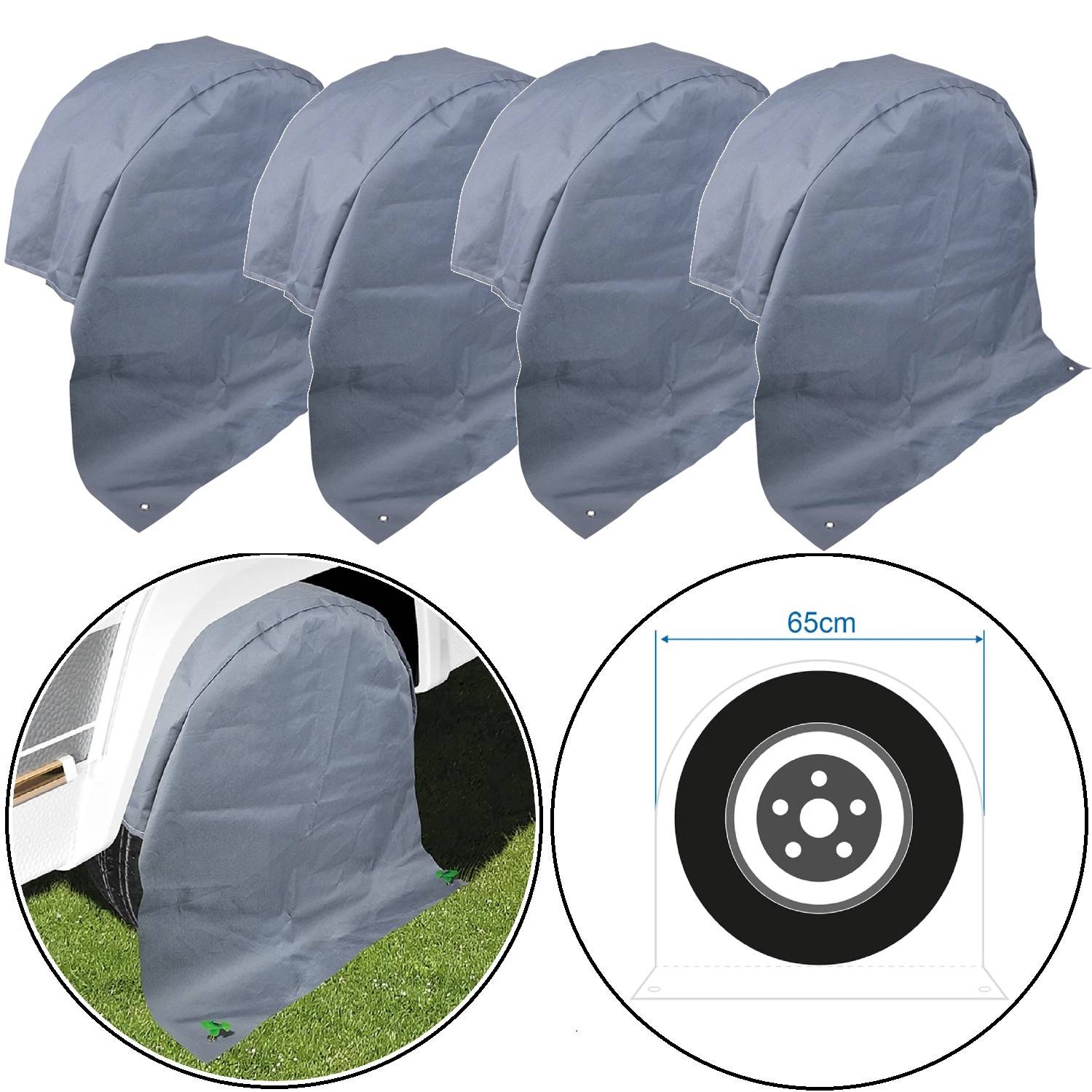 Vier graue Stoffbezüge, die auf einem weißen Hintergrund ausgelegt sind, entwickelt zum Schutz von Reifen, mit einer detaillierten Nahaufnahme eines Bezugs auf einem Reifen. Eingekreiste Innenansicht zeigt Bezugsgröße von 65 cm.