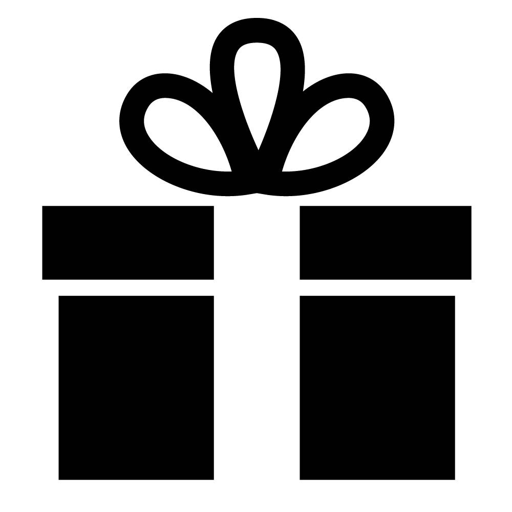 Eine schwarze Silhouette einer Geschenkbox mit einer Schleife oben, die ein Geschenk oder eine Feier symbolisiert.