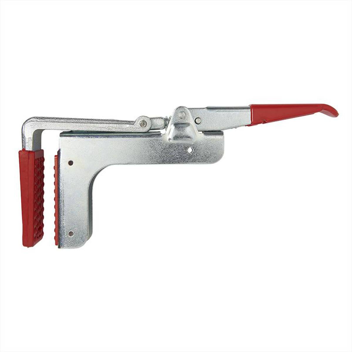 Eine Metallspanner mit roten Griffen, ausgestattet mit einer robusten Grundplatte und einem Hebel zum Fixieren von Werkstücken, typischerweise in der Holz- oder Metallverarbeitung verwendet.