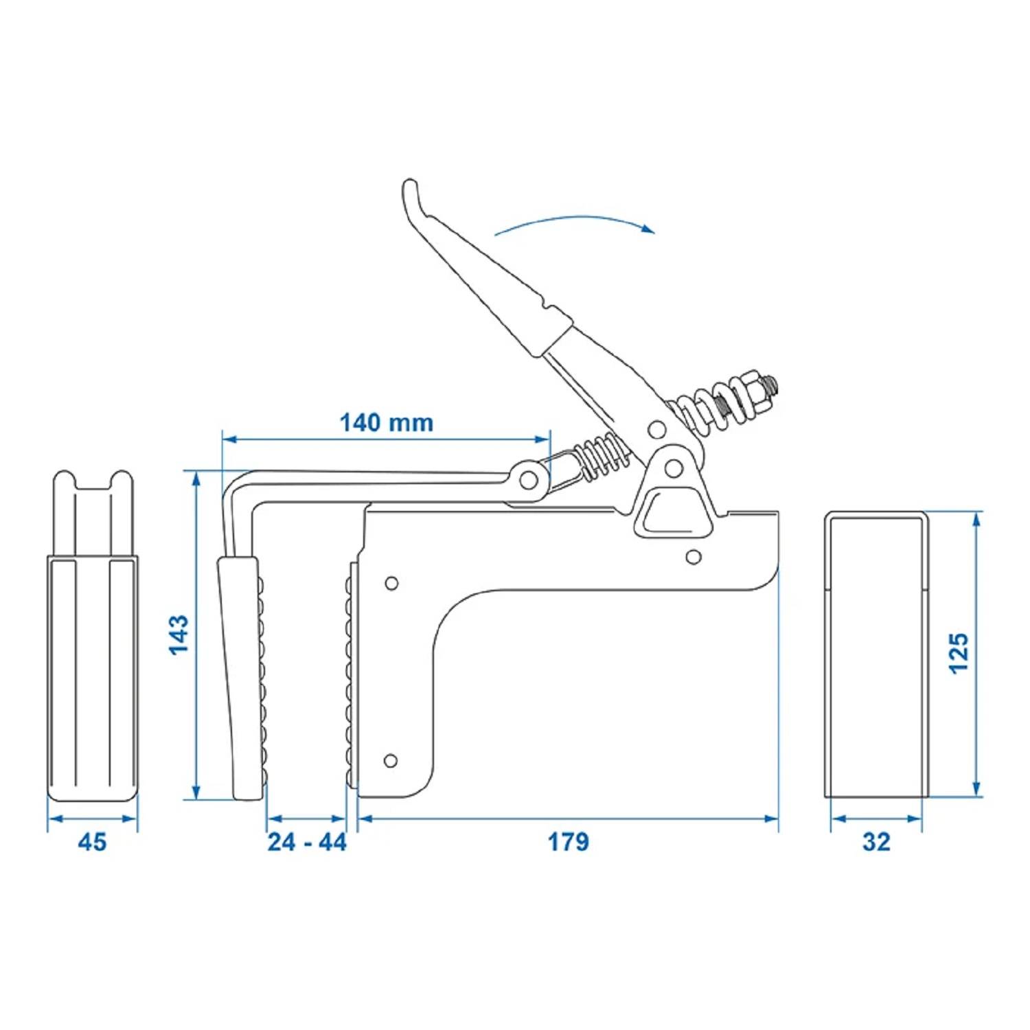 Technische Zeichnung einer Spannvorrichtung, Seiten- und Frontansicht mit Abmessungen: Höhe 143 mm, Breite 45 mm und Länge 179 mm.