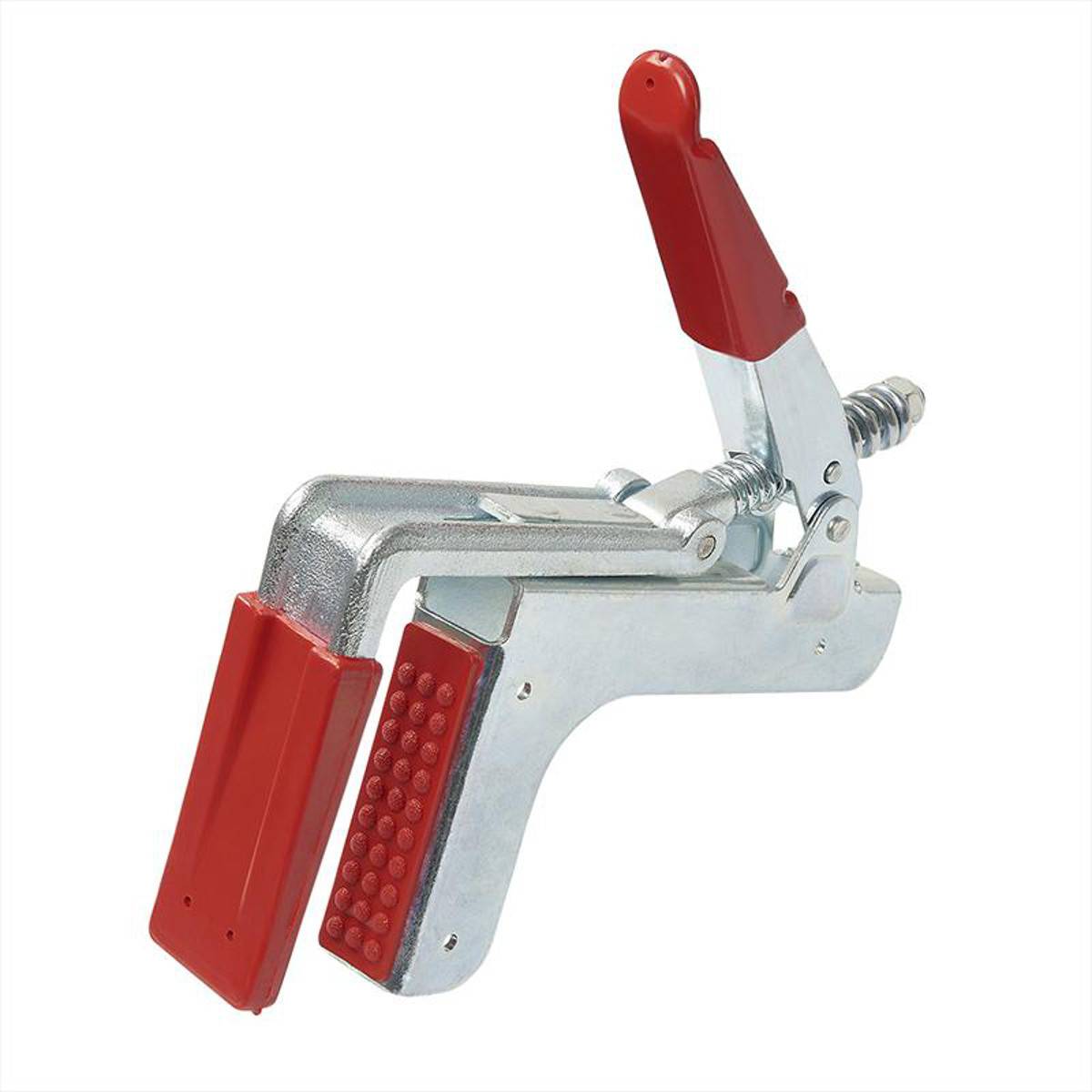 Ein Metall-Spannbügel mit roten Griffen und Gummi-Endkappen, verwendet zum Befestigen von Werkstücken bei Holz- oder Metallbearbeitungsaufgaben.