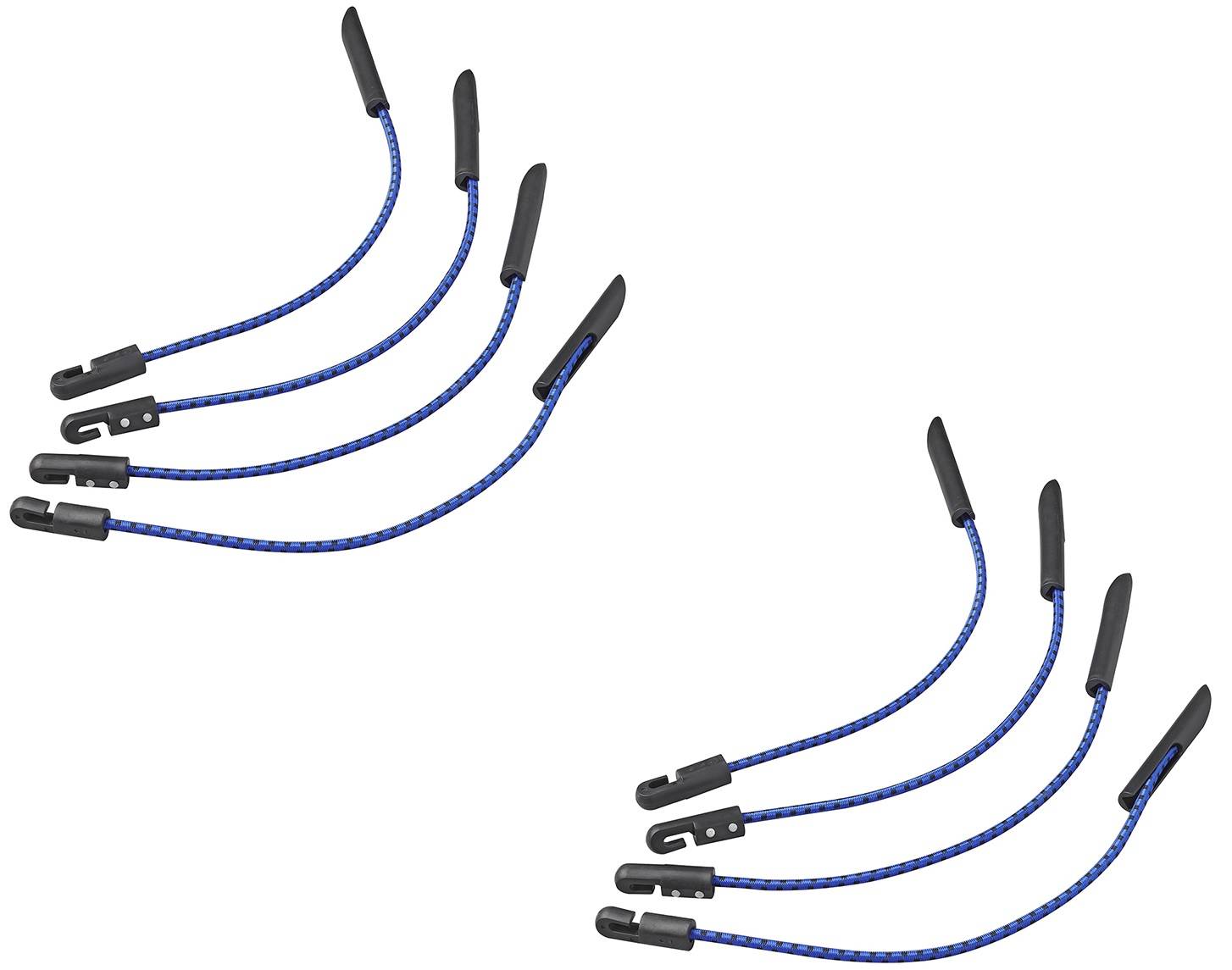 Zwei Sätze blauer Spanngurte mit schwarzen Haken auf weißem Hintergrund, verwendet zum Befestigen von Gegenständen. Jeder Satz enthält drei Gurte.