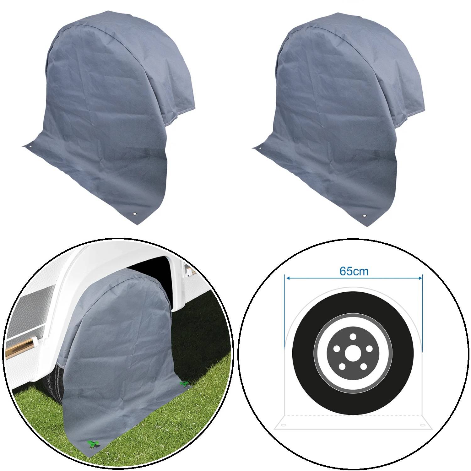 Zwei graue Radkappen sind abgebildet, mit einer Diagramm darunter, der zeigt, wie die Abdeckung über ein Rad passt. Abmessungen: Breite 65 cm.