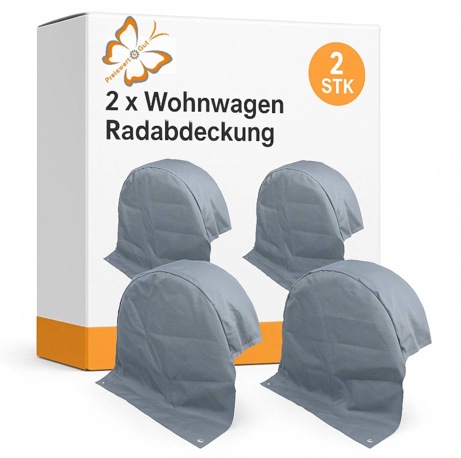 2 x Wohnwagen Radabdeckung 2 STK' Verpackung mit vier grauen Radkappen und einem orangefarbenen Schmetterlingslogo.