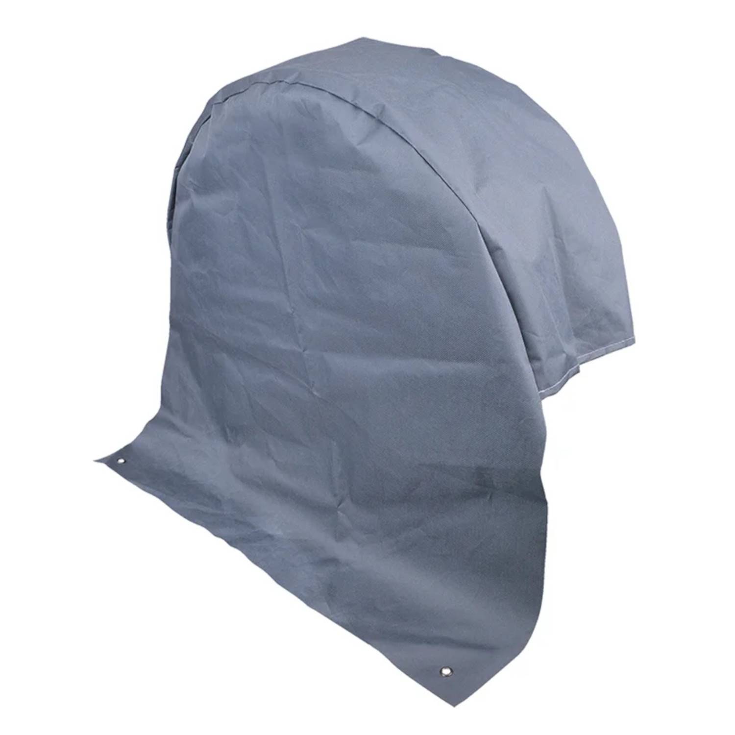 Eine graue Schutzabdeckung, die speziell für Außenmöbel oder Ausrüstung entwickelt wurde und eine gebogene Oberseite sowie einen nach unten verlängerten Überhang zur vollständigen Abdeckung aufweist.