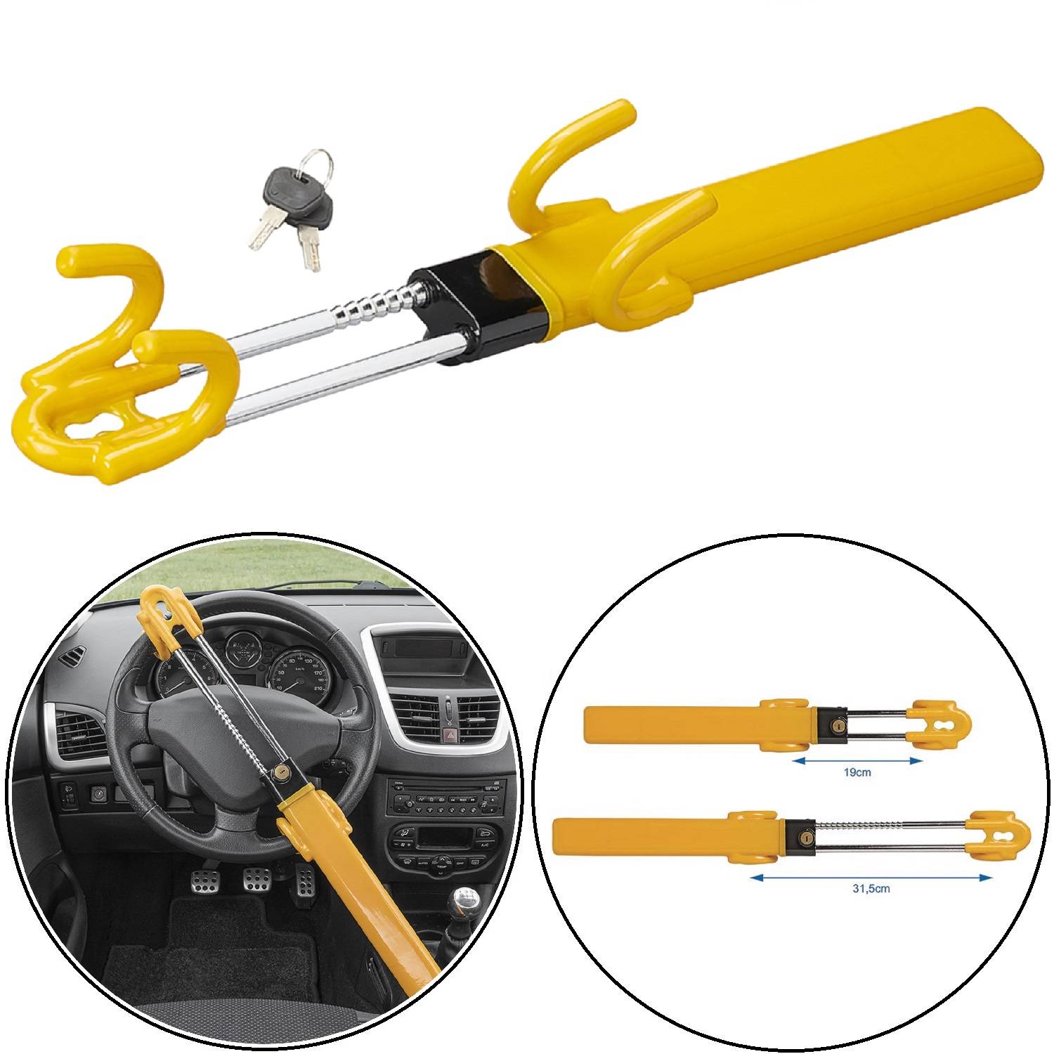 Lenkradschloss mit Schlüsseln, das in einem Auto installiert ist und das Lenken verhindert. Abmessungen angezeigt: 19 cm zusammengezogen, 31,5 cm ausgefahren.