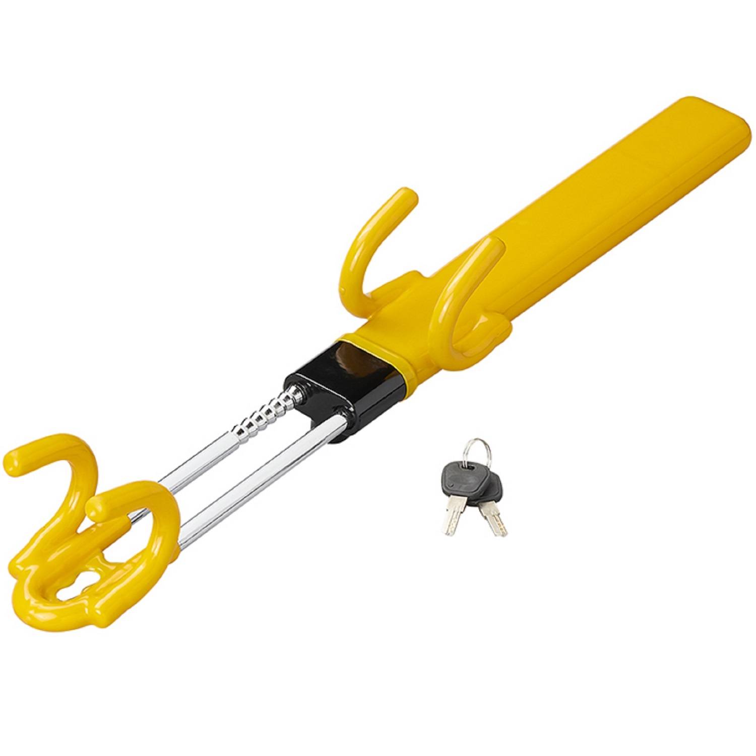 Ein gelbes Lenkradschloss mit Schlüsseln, das als Diebstahlschutz verwendet wird.