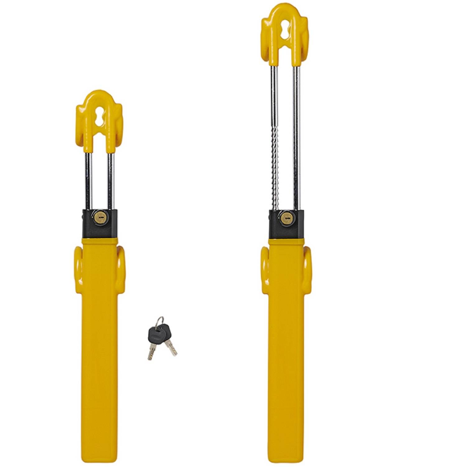 Zwei gelbe Lenkradschlösser, eines ausgefahren und eines geschlossen, mit einem Satz von zwei Schlüsseln zwischen ihnen. Zur Fahrzeugsicherung verwendet.