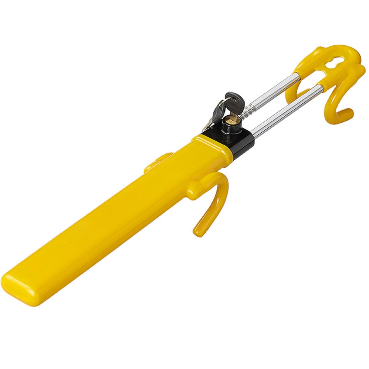 Ein gelber Lenkradschloss mit U-förmigem Design, das darauf ausgelegt ist, Autodiebstahl zu verhindern.