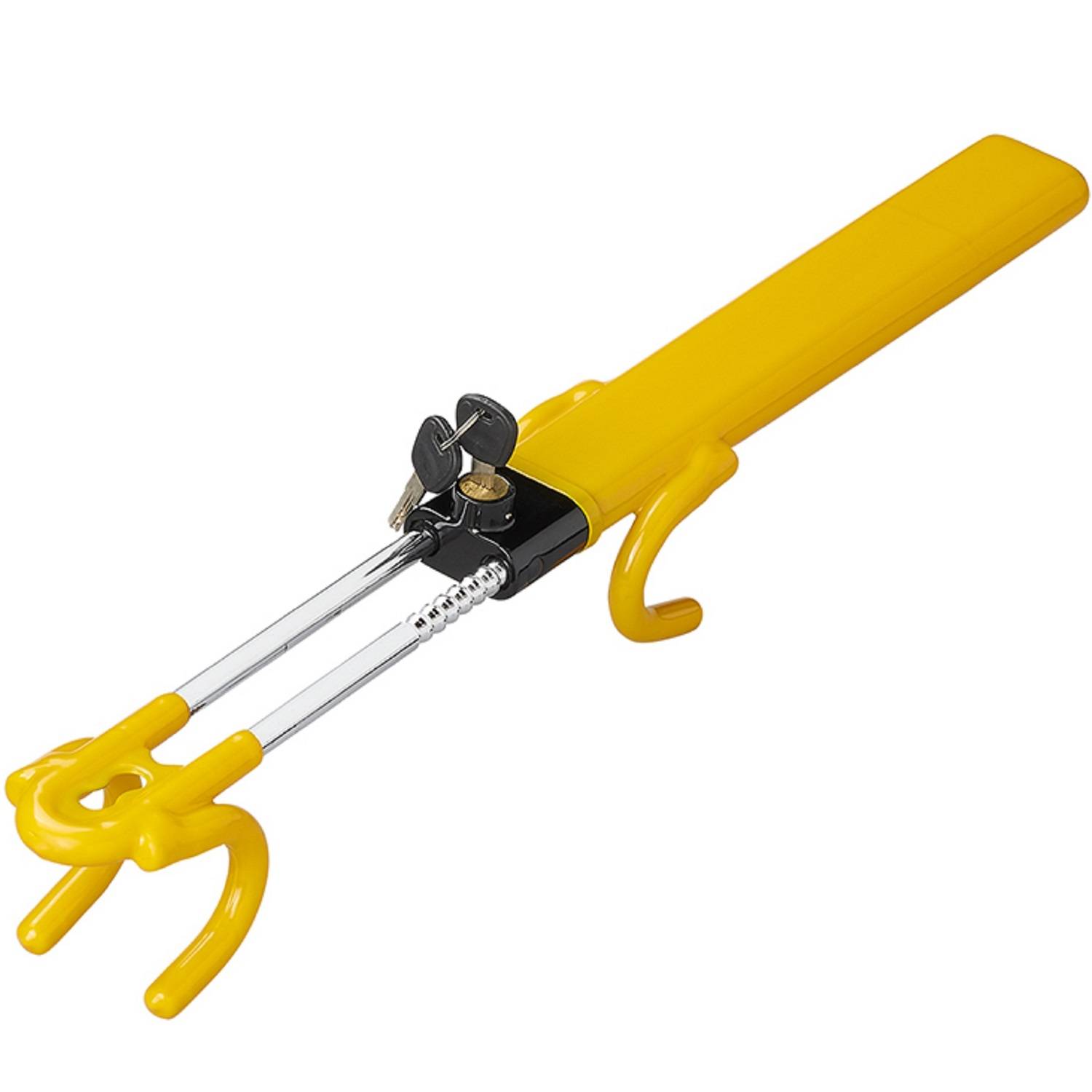 Ein gelbes Lenkradschloss mit einer Metallstange und Haken-Befestigungen, das entwickelt wurde, um Fahrzeugdiebstahl zu verhindern.