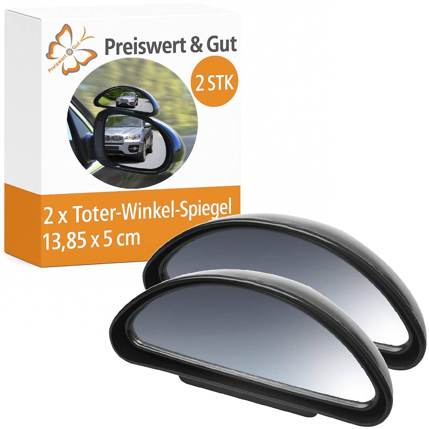 Zwei Totetwinkel-Spiegel, die vor einer Verpackung angeordnet sind, die einen Außenspiegel eines Autos mit einem kleineren Auto, das darin reflektiert wird, zeigt, sowie den Text 'Preiswert & Gut'.