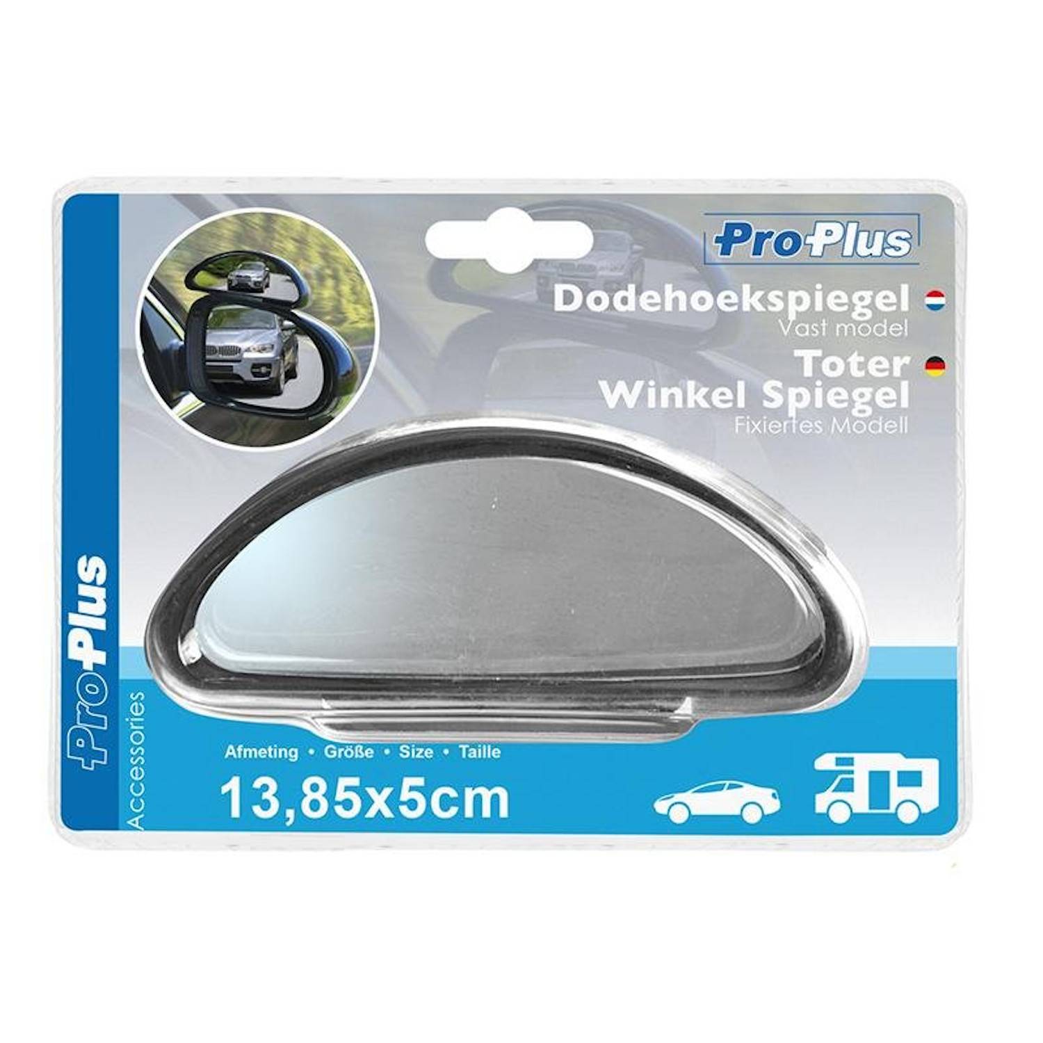 Ein gebogener Rückspiegel mit Verpackung, die in drei Sprachen beschriftet ist und die Marke ‚ProPlus' hervorhebt, mit der Größenangabe ‚13,85 x 5 cm', der für ein Fahrzeug geeignet ist.