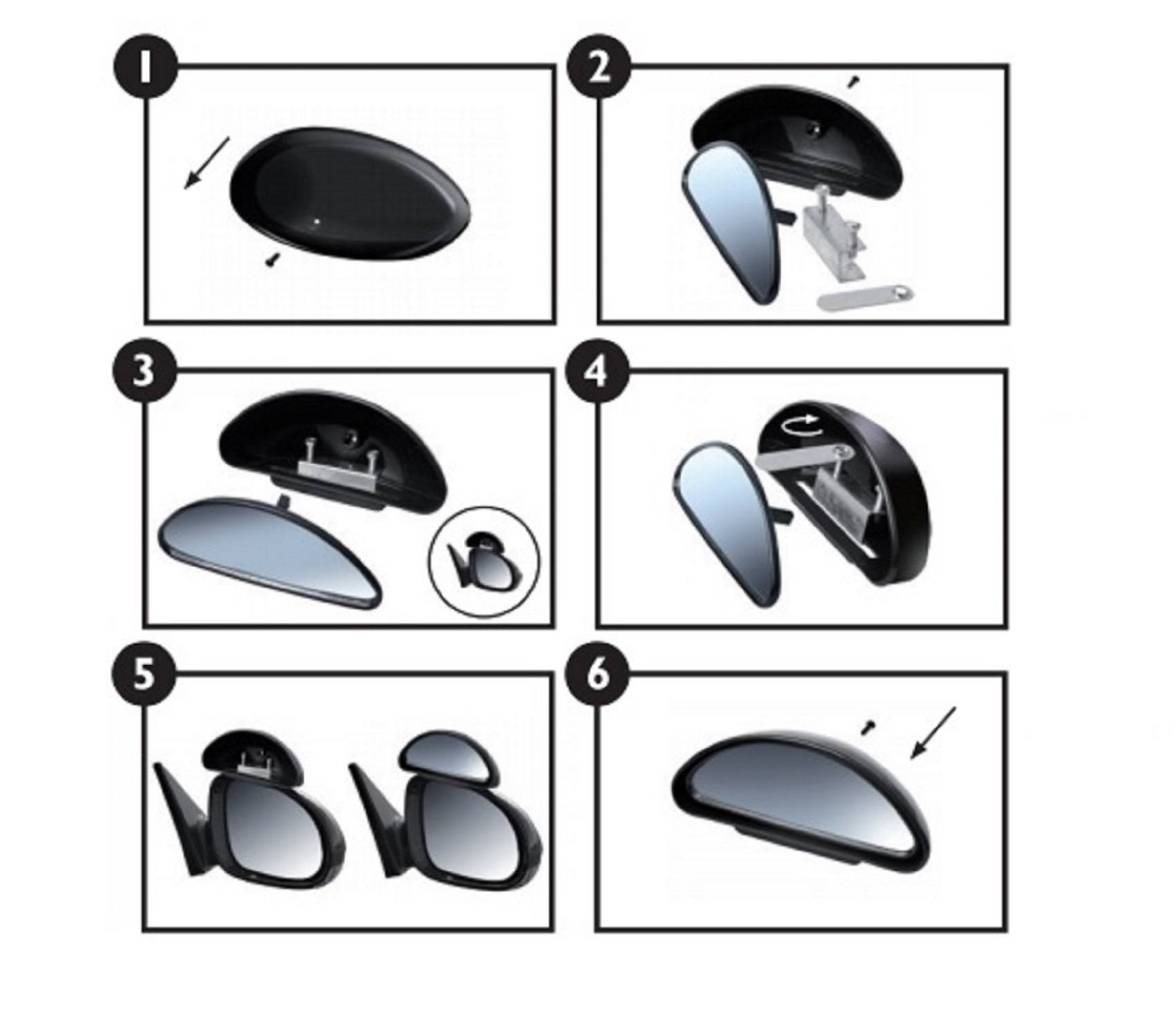 Darstellung des Austauschs eines Außenspiegels am Auto. Schritte: Alten Spiegel entfernen, neuen Halter installieren, neuen Spiegel anbringen und sichern.