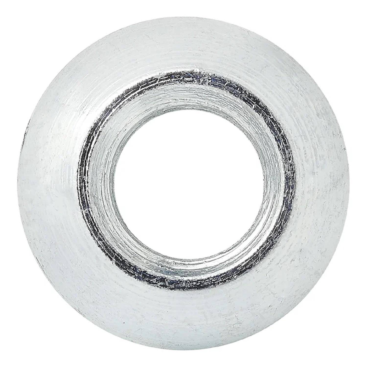 Eine glänzende metallische Unterlegscheibe mit einem zentralen Loch, von oben betrachtet, mit einer glatten Oberfläche und kreisförmiger Gestalt, die üblicherweise in der Technik verwendet wird.